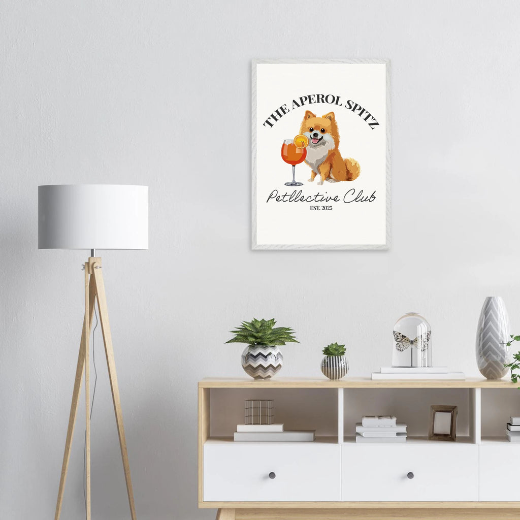 Wandbild Hund Illustration „Aperol Spitz“ – Premium Poster im Holzrahmen-petllective
