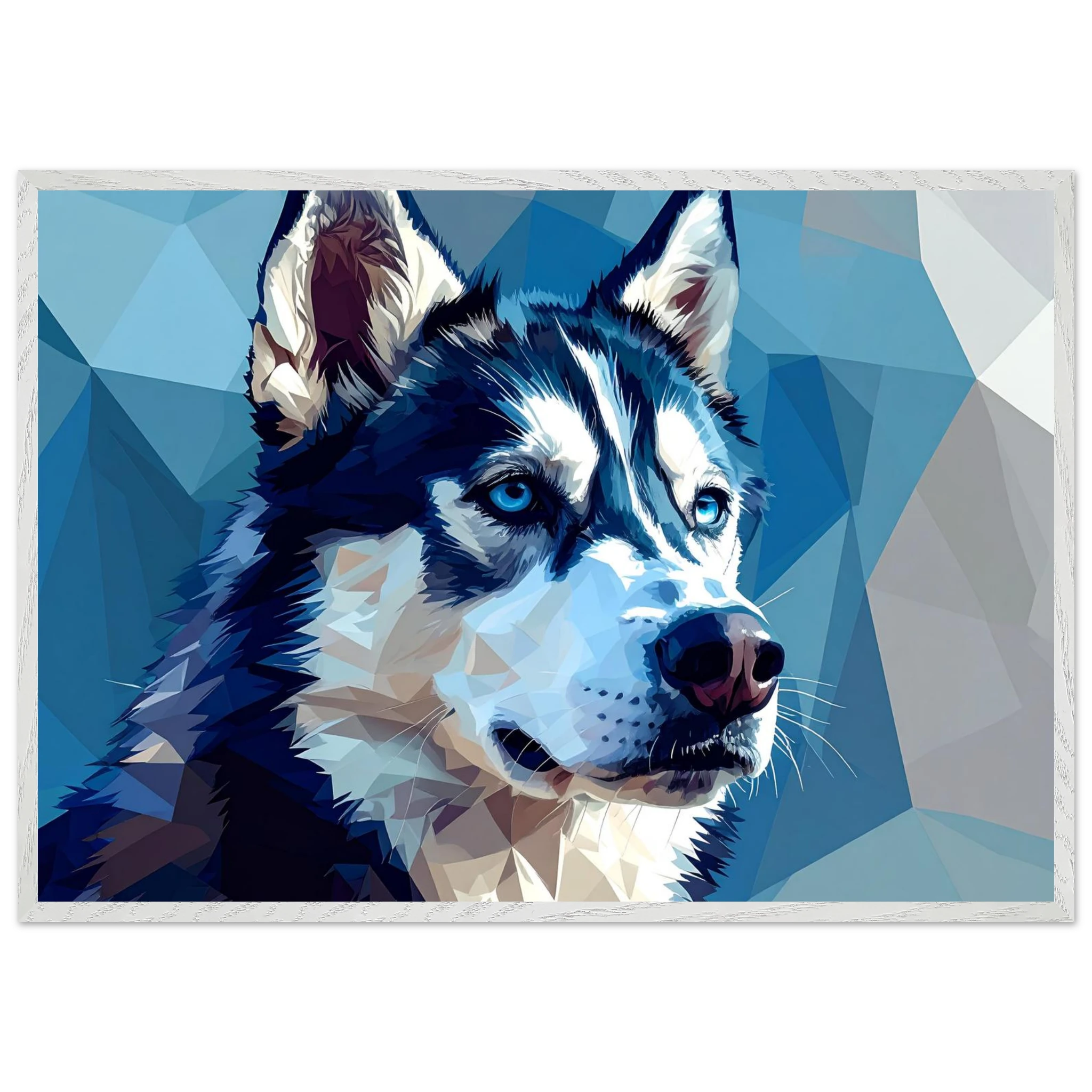 Abstrakter Husky: Premium-Poster mit Rahmen – Leuchtende Augen im geometrischen Design-petllective