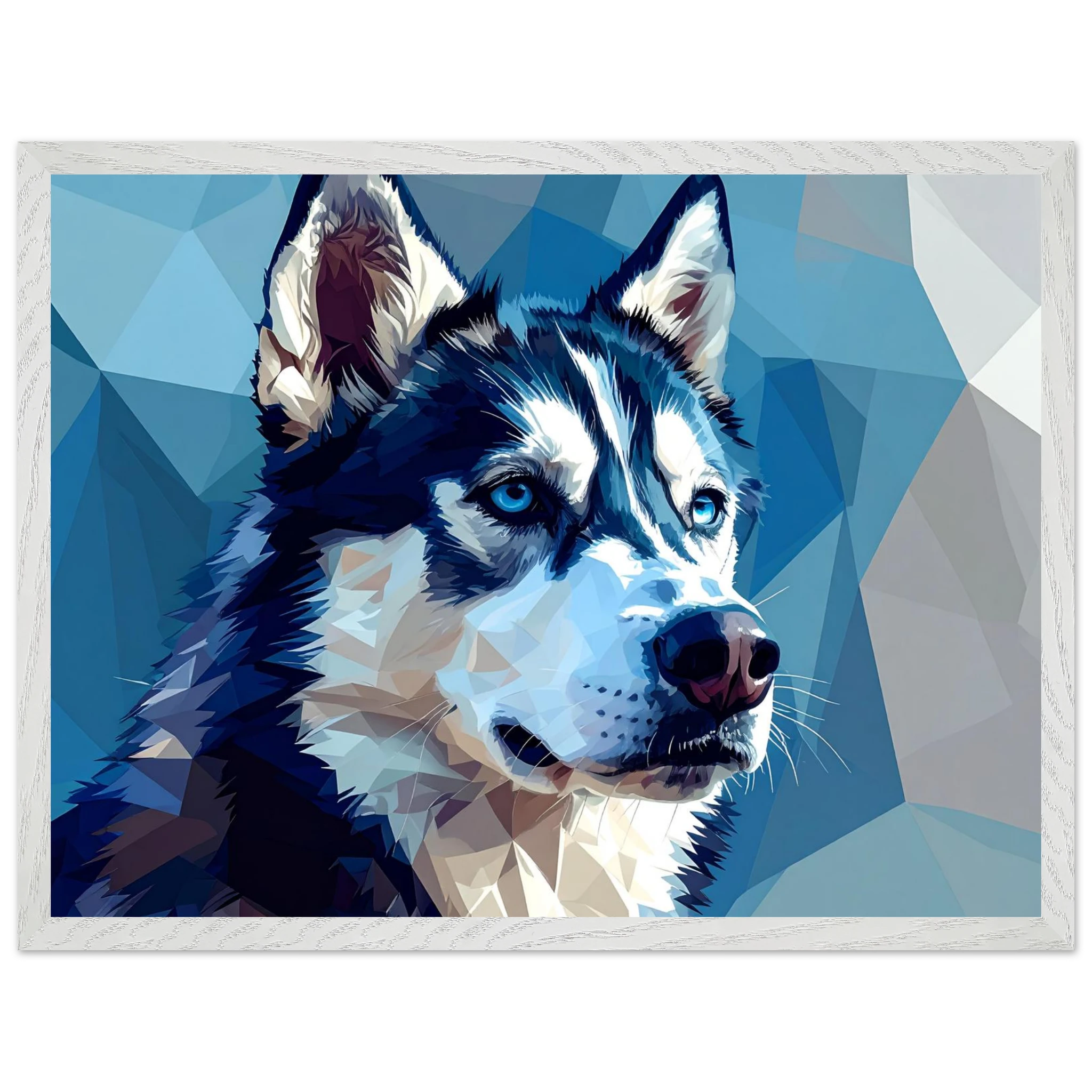 Abstrakter Husky: Premium-Poster mit Rahmen – Leuchtende Augen im geometrischen Design-petllective