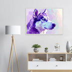 Abstrakter Husky-Portrait-Kunstdruck – Gerahmtes Premium-Poster in faszinierenden Lila-Tönen-petllective