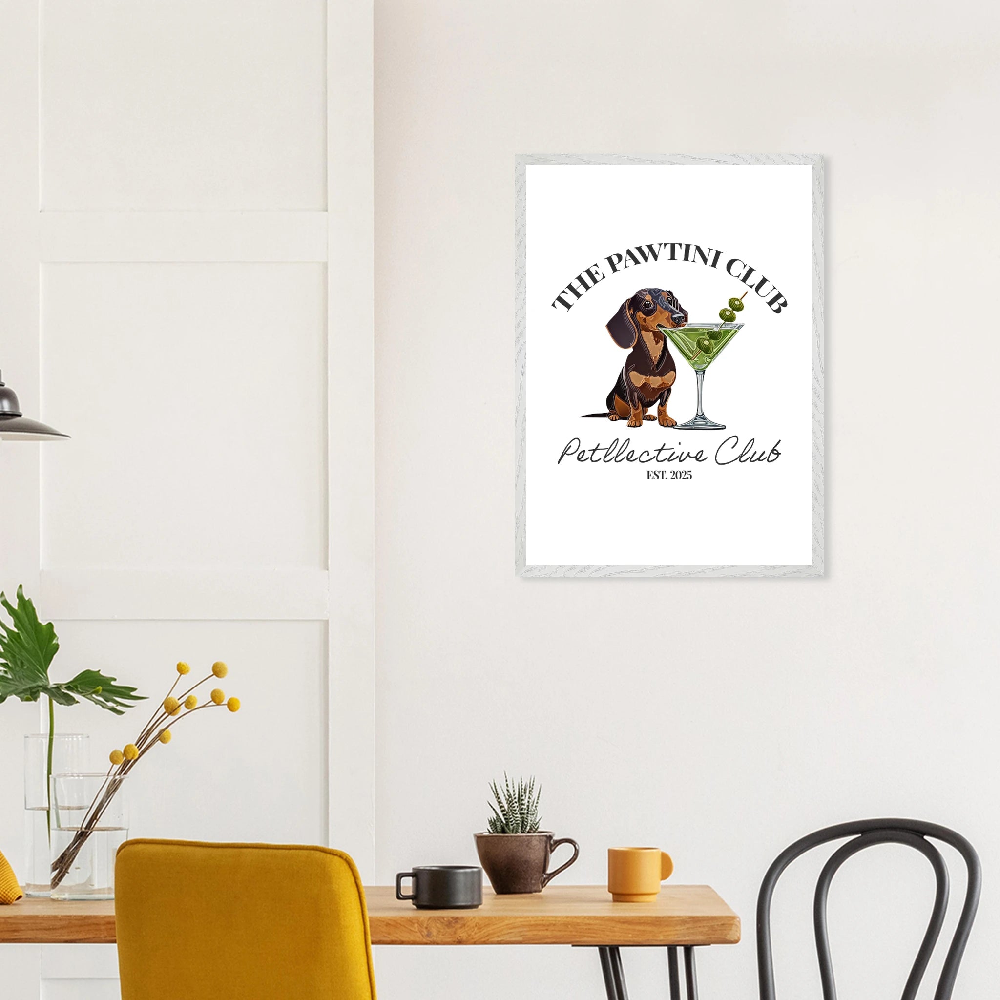 Wandbild Dackel Illustration „The Pawtini Club“ – Premium Poster mit Holzrahmen-petllective