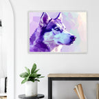 Abstrakter Husky-Portrait-Kunstdruck – Gerahmtes Premium-Poster in faszinierenden Lila-Tönen-petllective