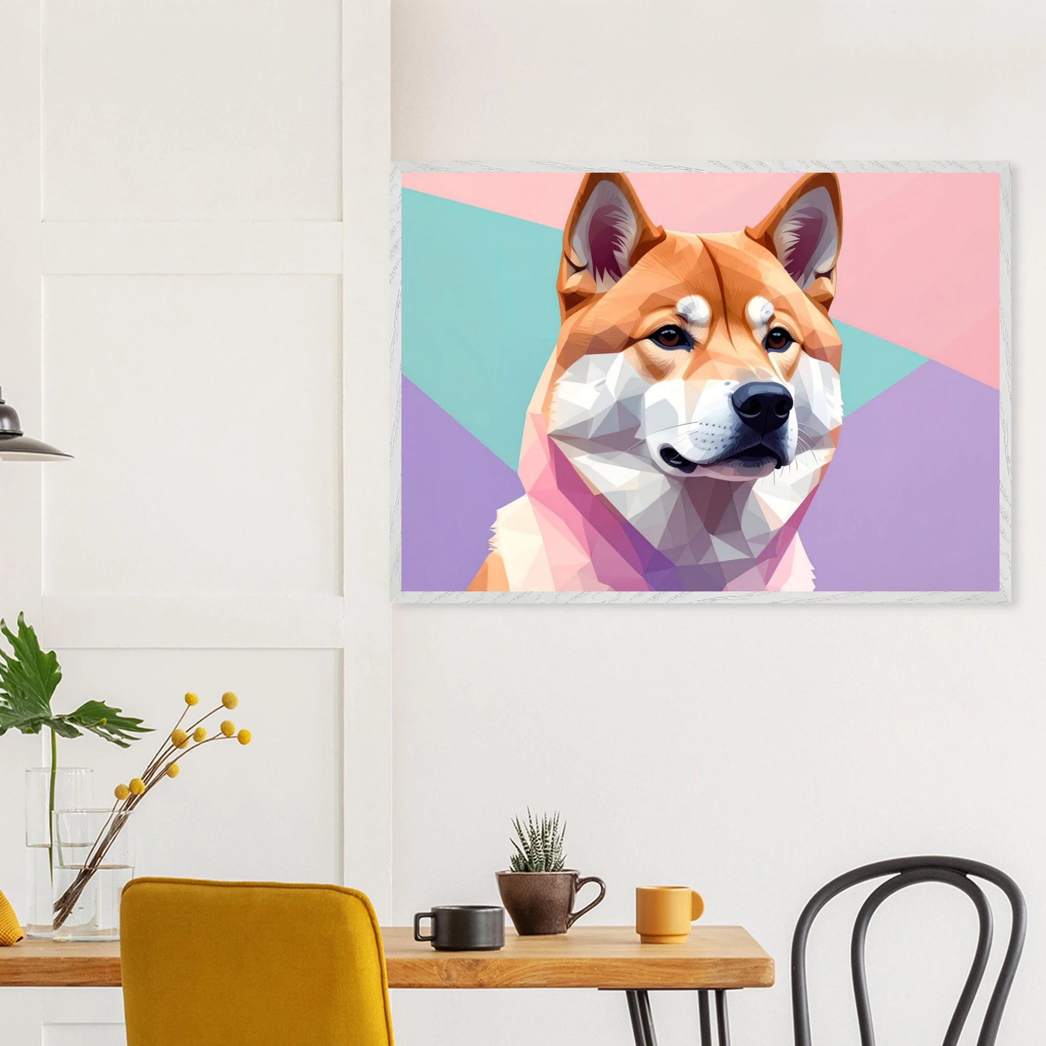 Abstrakter Shiba Inu: Gerahmtes Premium-Poster mit lebendigen geometrischen Formen in Pastellfarben-petllective