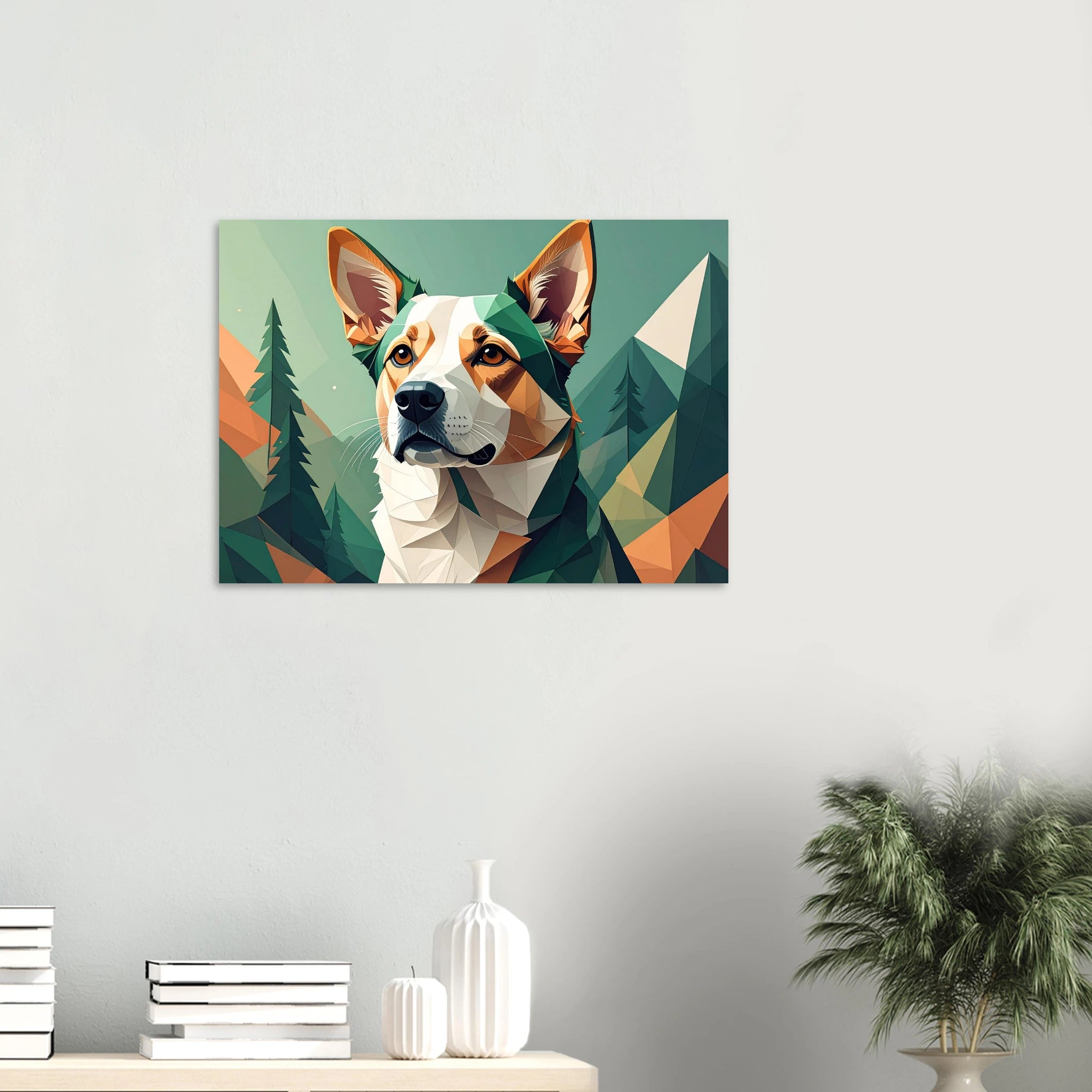Hund mit Bergpanorama Kunstdruck Wandbild – Geometrische Tierkunst-petllective
