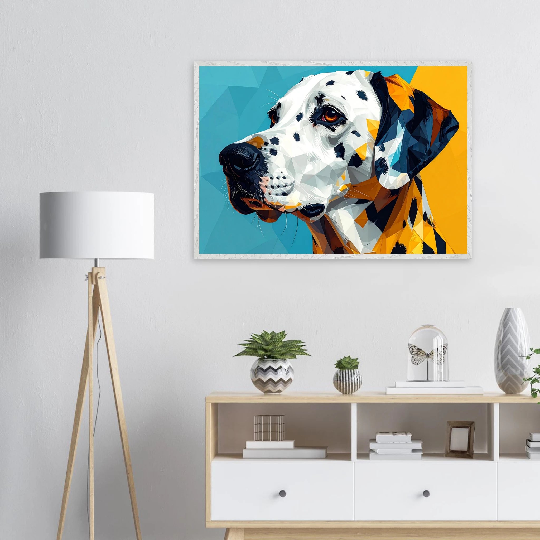 Abstraktes Dalmatiner-Portrait: Gerahmtes Premium-Poster in lebendigem Blau-Gelb-petllective