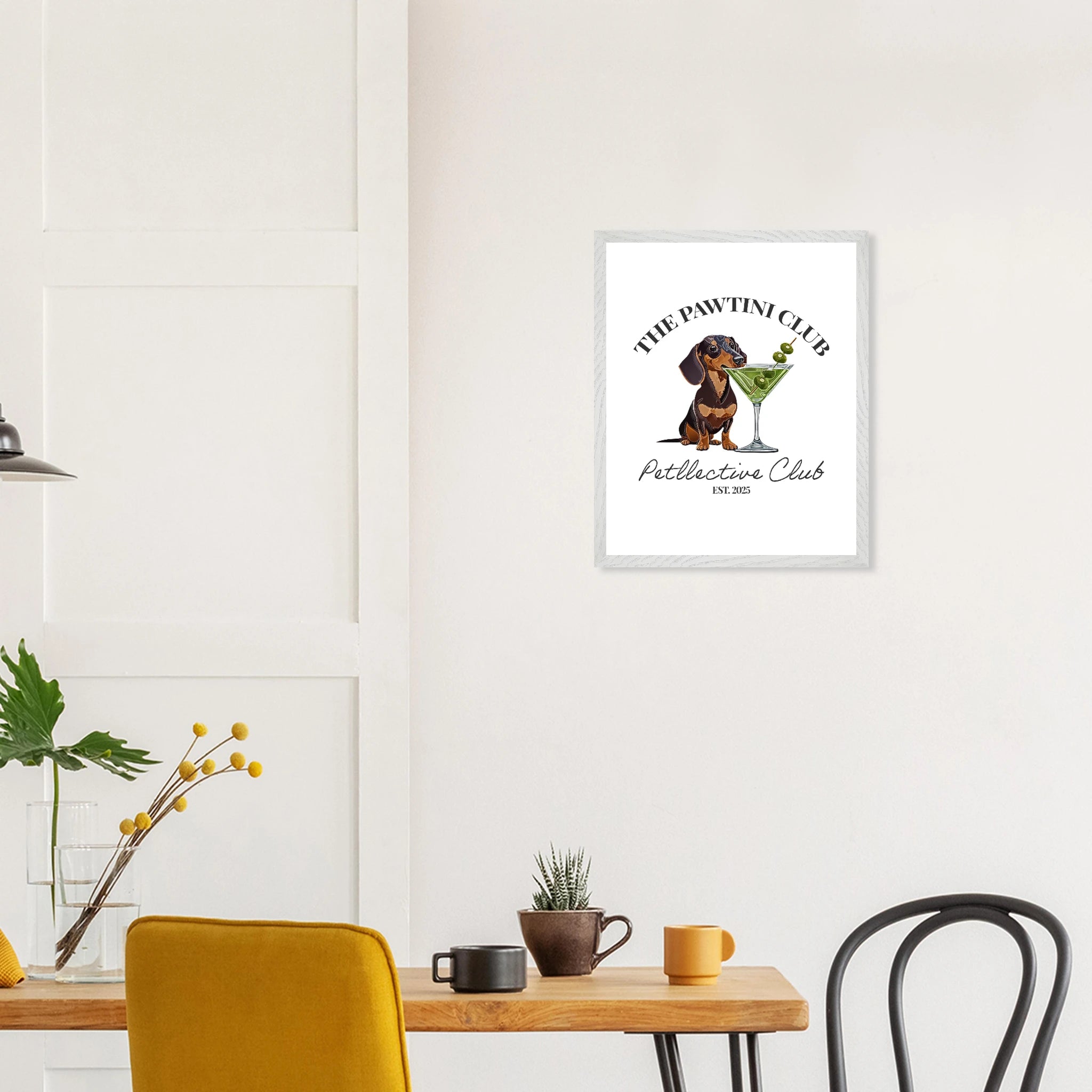Wandbild Dackel Illustration „The Pawtini Club“ – Premium Poster mit Holzrahmen-petllective