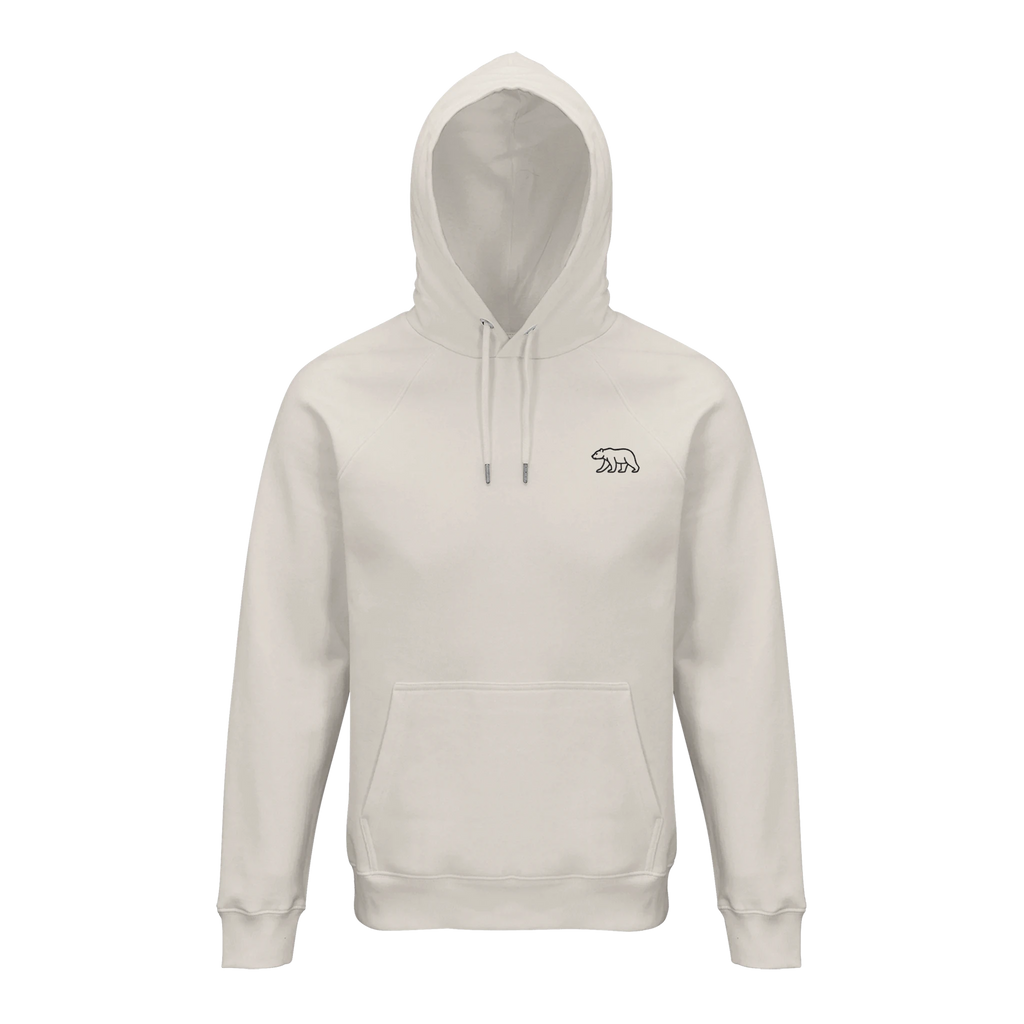 Unisex-Hoodie in Offwhite mit gesticktem Bär-Emblem auf der Brust, minimalistisches nachhaltiges Design von Petllective