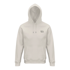 Unisex-Hoodie in Offwhite mit gesticktem Bär-Emblem auf der Brust, minimalistisches nachhaltiges Design von Petllective