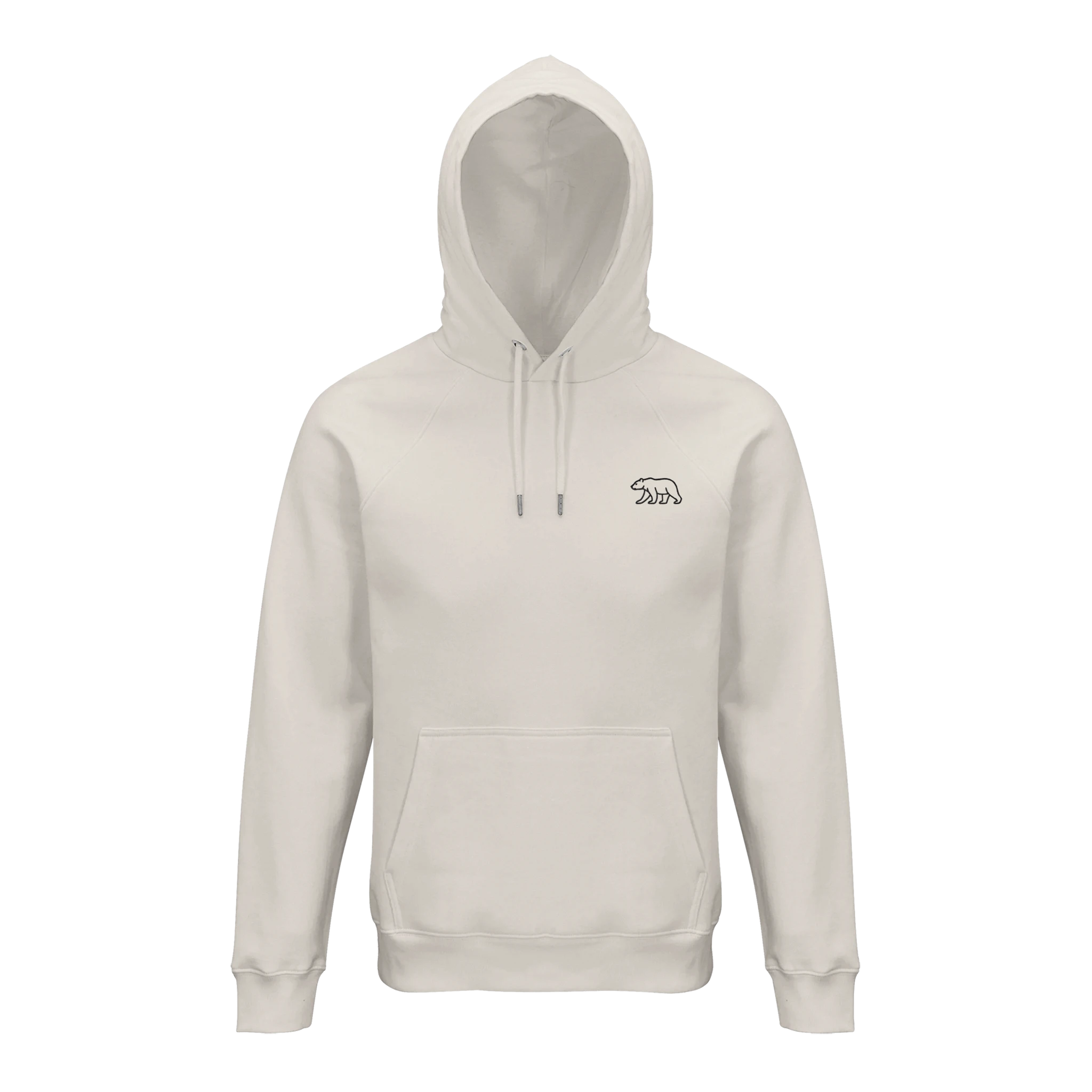 Unisex-Hoodie in Offwhite mit gesticktem Bär-Emblem auf der Brust, minimalistisches nachhaltiges Design von Petllective