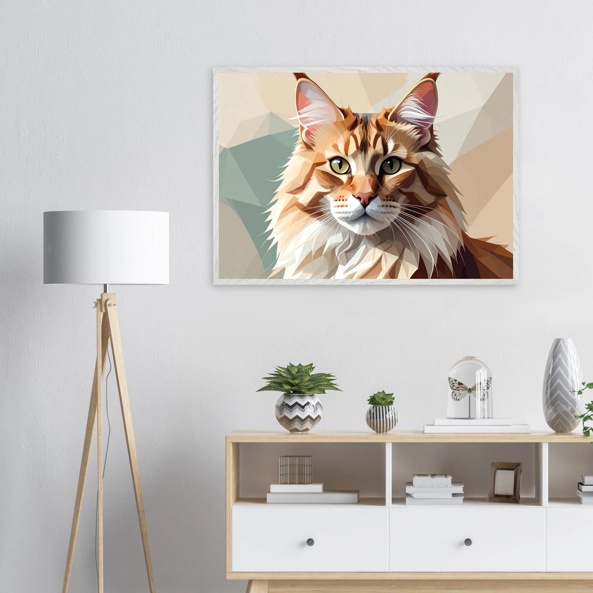 Abstrakte Maine Coon Katze: Premium-Poster aus halbmattem Premium-Papier mit Holzrahmen-petllective