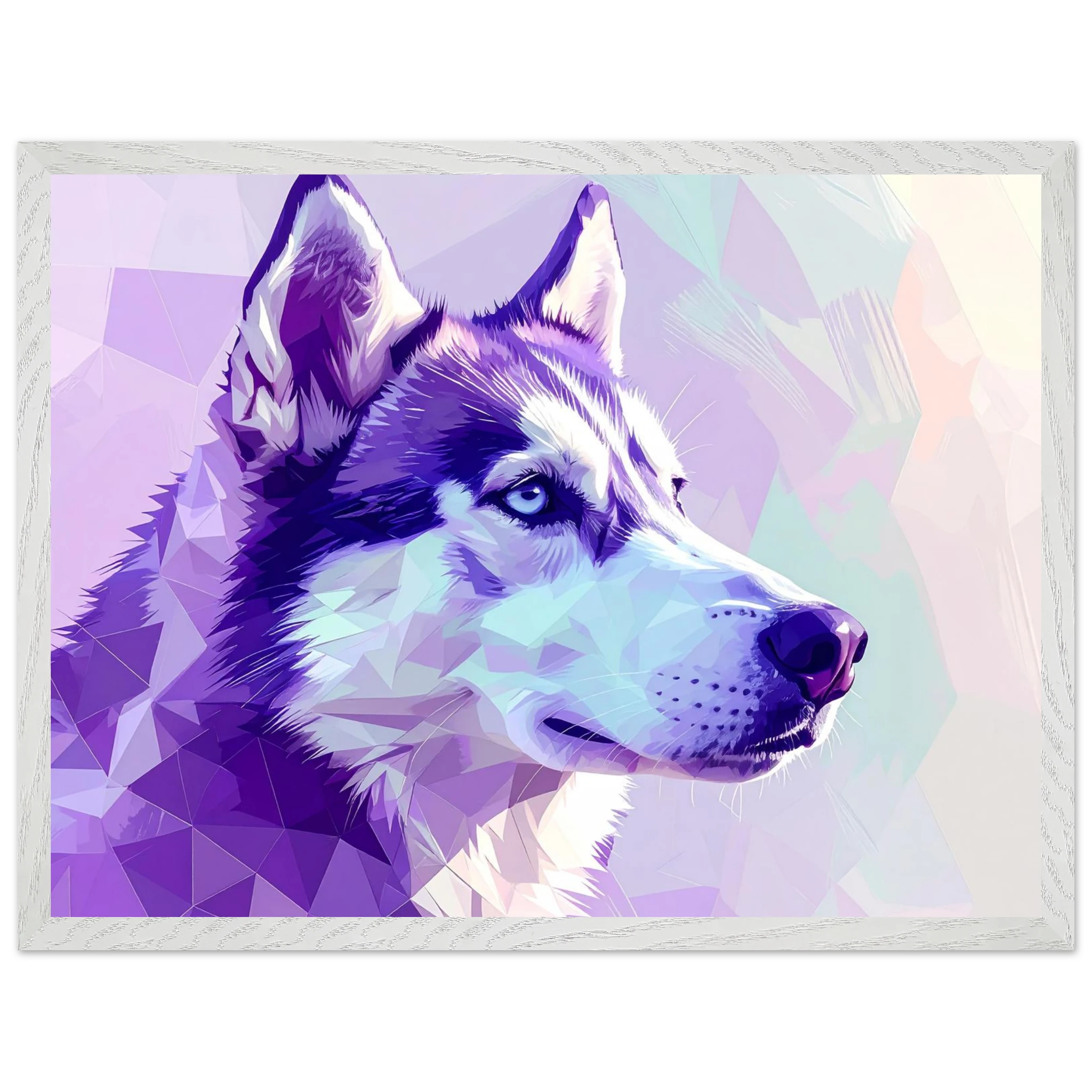 Abstrakter Husky-Portrait-Kunstdruck – Gerahmtes Premium-Poster in faszinierenden Lila-Tönen-petllective