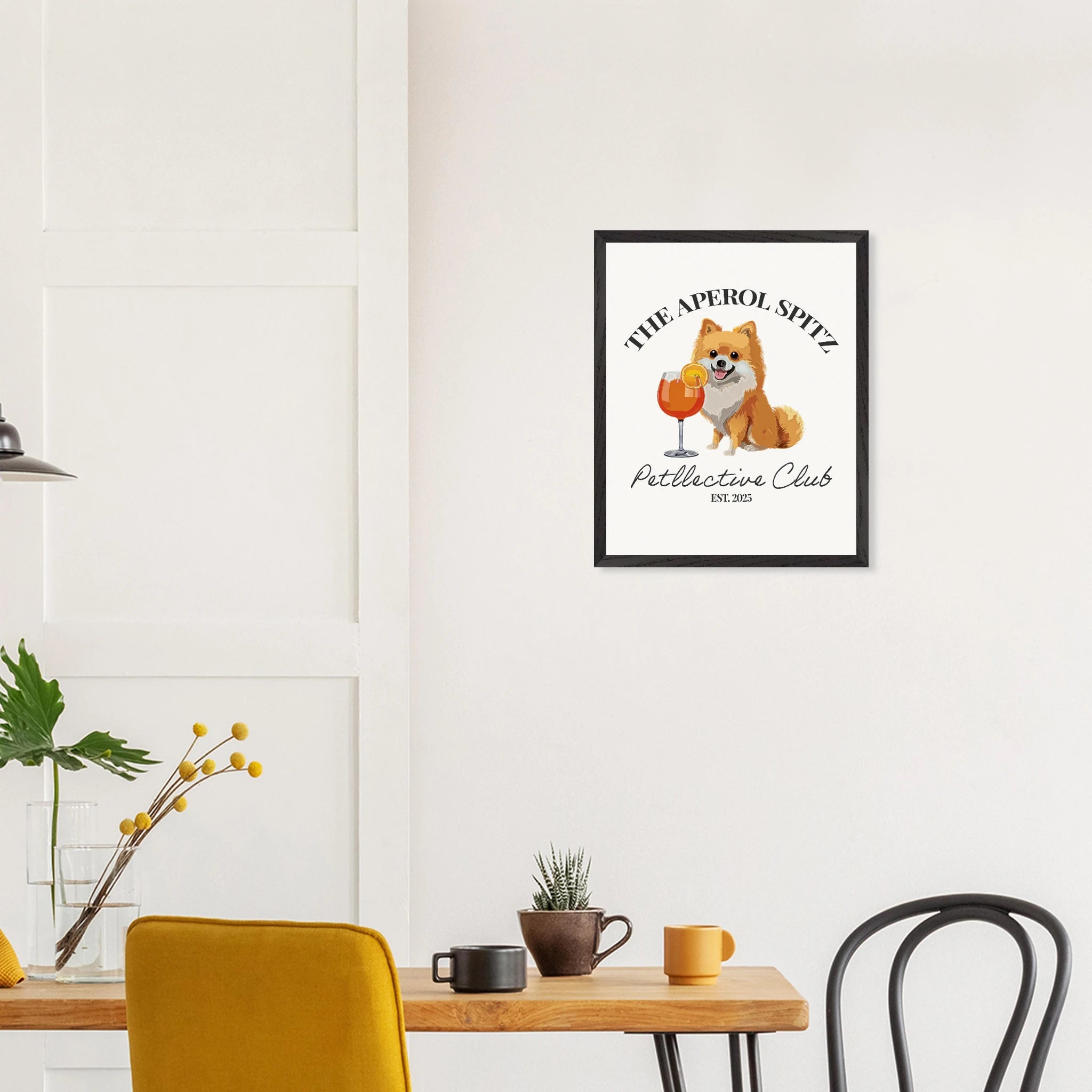 Wandbild Hund Illustration „Aperol Spitz“ – Premium Poster im Holzrahmen-petllective