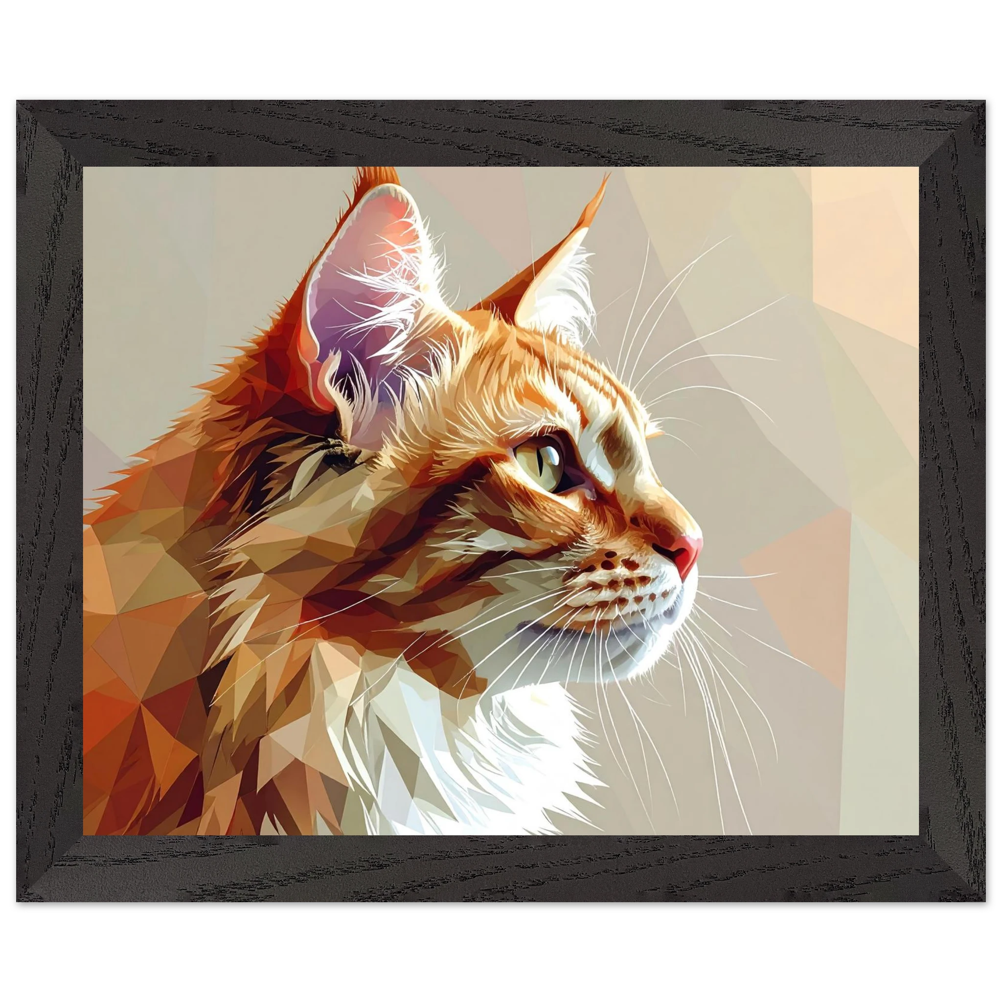Abstraktes Katzenportrait Premium-Poster mit Rahmen – In orangefarbenem Polygon-Stil, in verschiedenen Größen und Rahmenfarben erhältlich-petllective