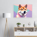 Abstrakter Shiba Inu: Gerahmtes Premium-Poster mit lebendigen geometrischen Formen in Pastellfarben-petllective