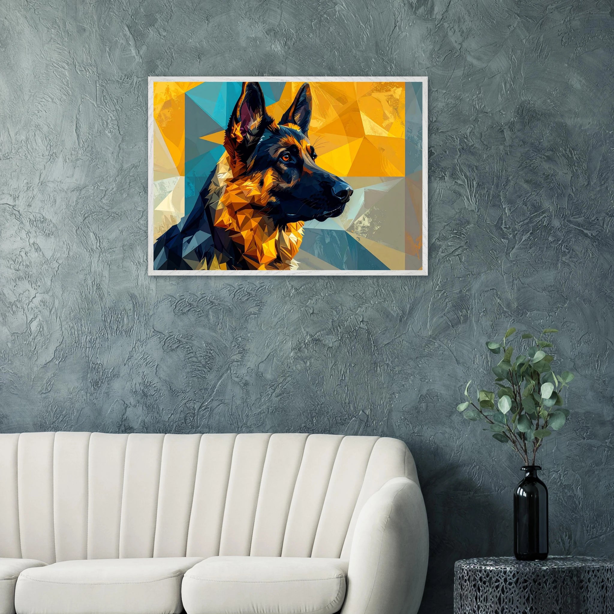 Geometrisches Schäferhund-Porträt: Premium-Poster mit Holzrahmen in deinem Stil-petllective