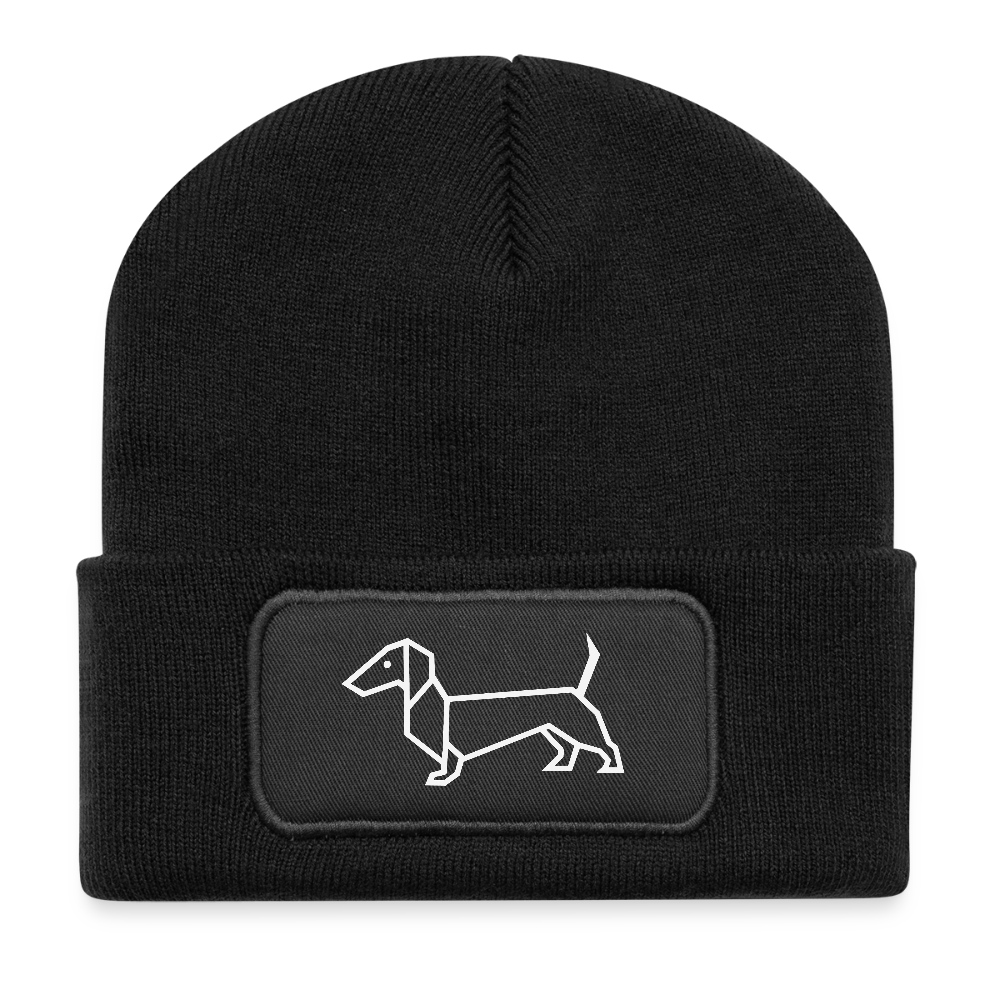 „Schwarzes Beanie mit umgeschlagenem Rand und schwarzem Patch mit weißem geometrischem Dackel-Motiv – Petllective Pawrent Essentials“