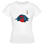 Weißes Damen-T-Shirt mit zweifarbigem Hundemotiv in Rot und Blau sowie Sprechblase „What?“ – Petllective Fun-Shirt