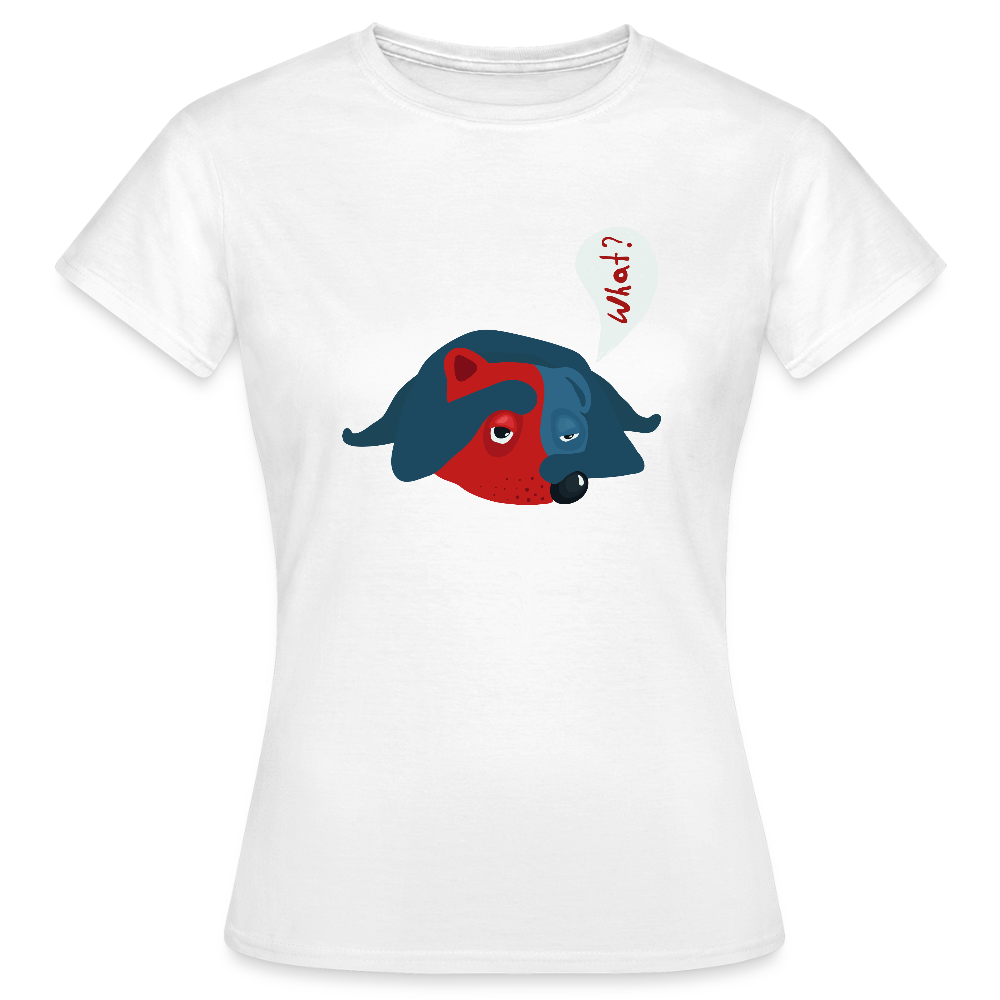 Weißes Damen-T-Shirt mit zweifarbigem Hundemotiv in Rot und Blau sowie Sprechblase „What?“ – Petllective Fun-Shirt