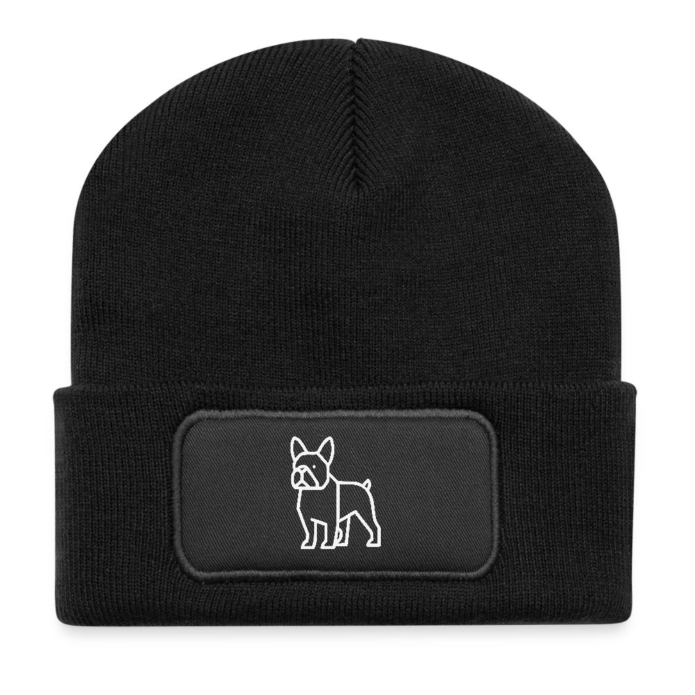 „Schwarzes Beanie mit Umschlag und schwarzem Patch mit weißer French-Bulldog Line-Art – Pawrent Essentials Petllective“