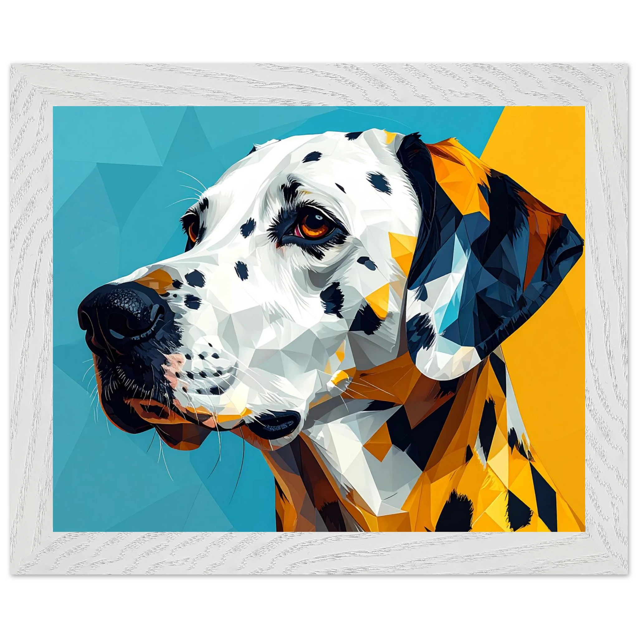 Abstraktes Dalmatiner-Portrait: Gerahmtes Premium-Poster in lebendigem Blau-Gelb-petllective