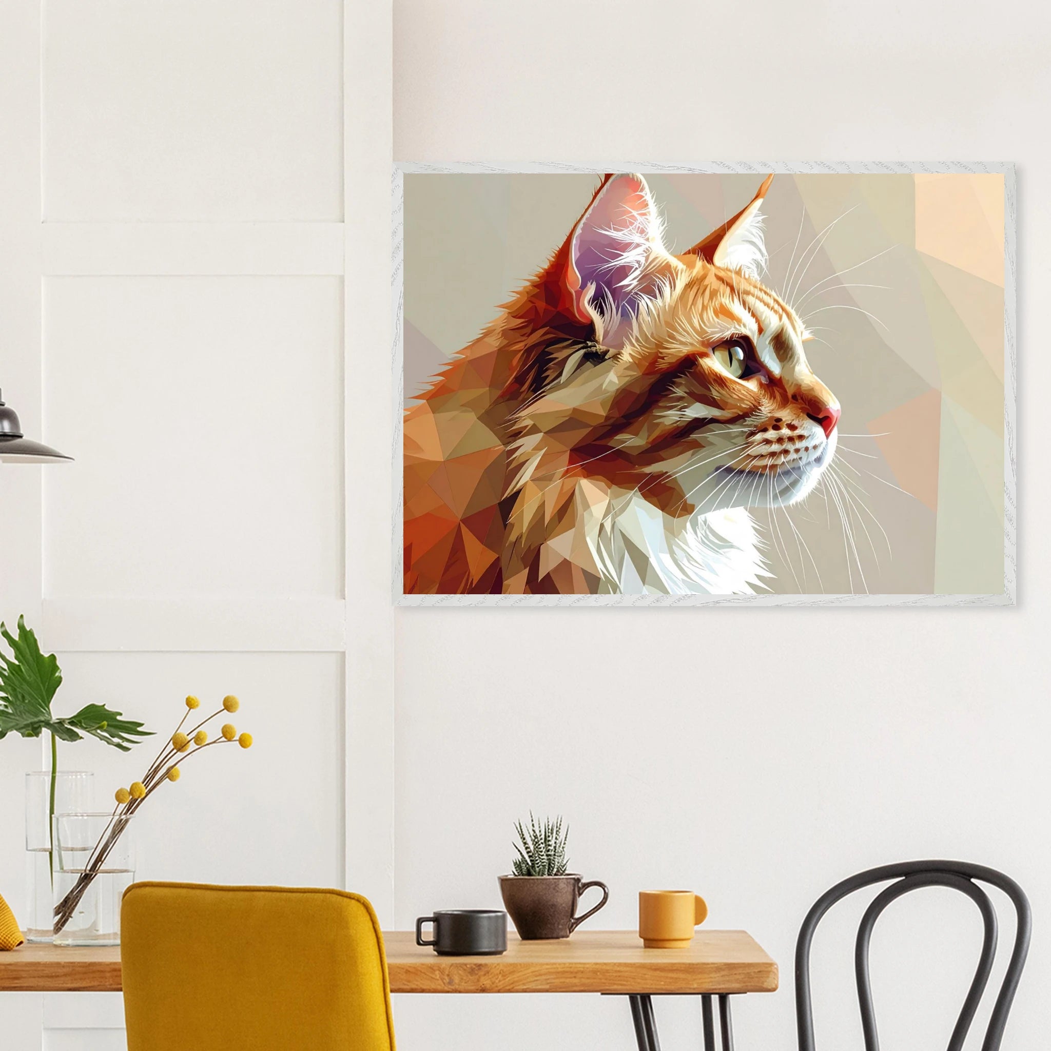 Abstraktes Katzenportrait Premium-Poster mit Rahmen – In orangefarbenem Polygon-Stil, in verschiedenen Größen und Rahmenfarben erhältlich-petllective