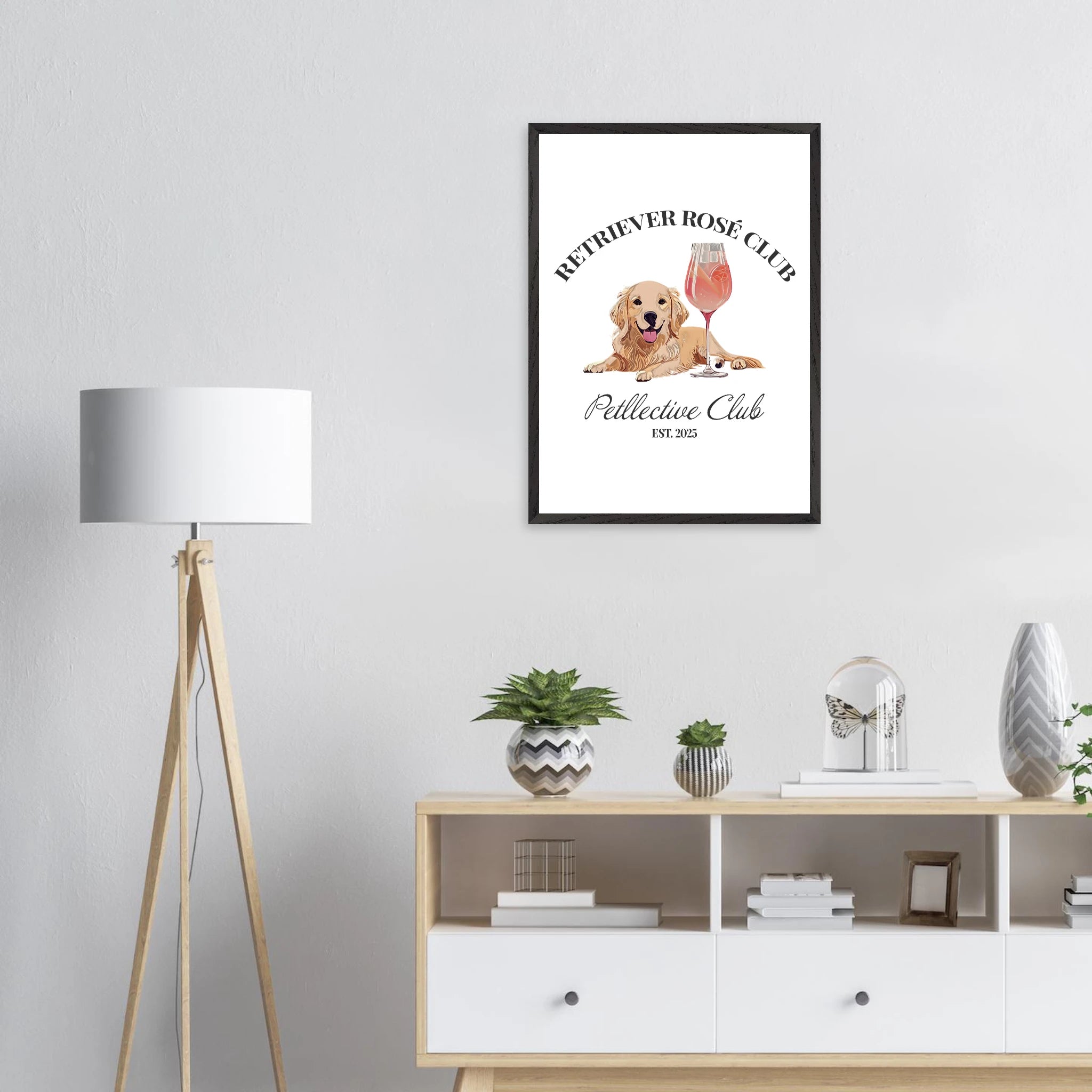 Retriever Rosé Club Wandbild – Hund Illustration im Premium Holzrahmen-petllective