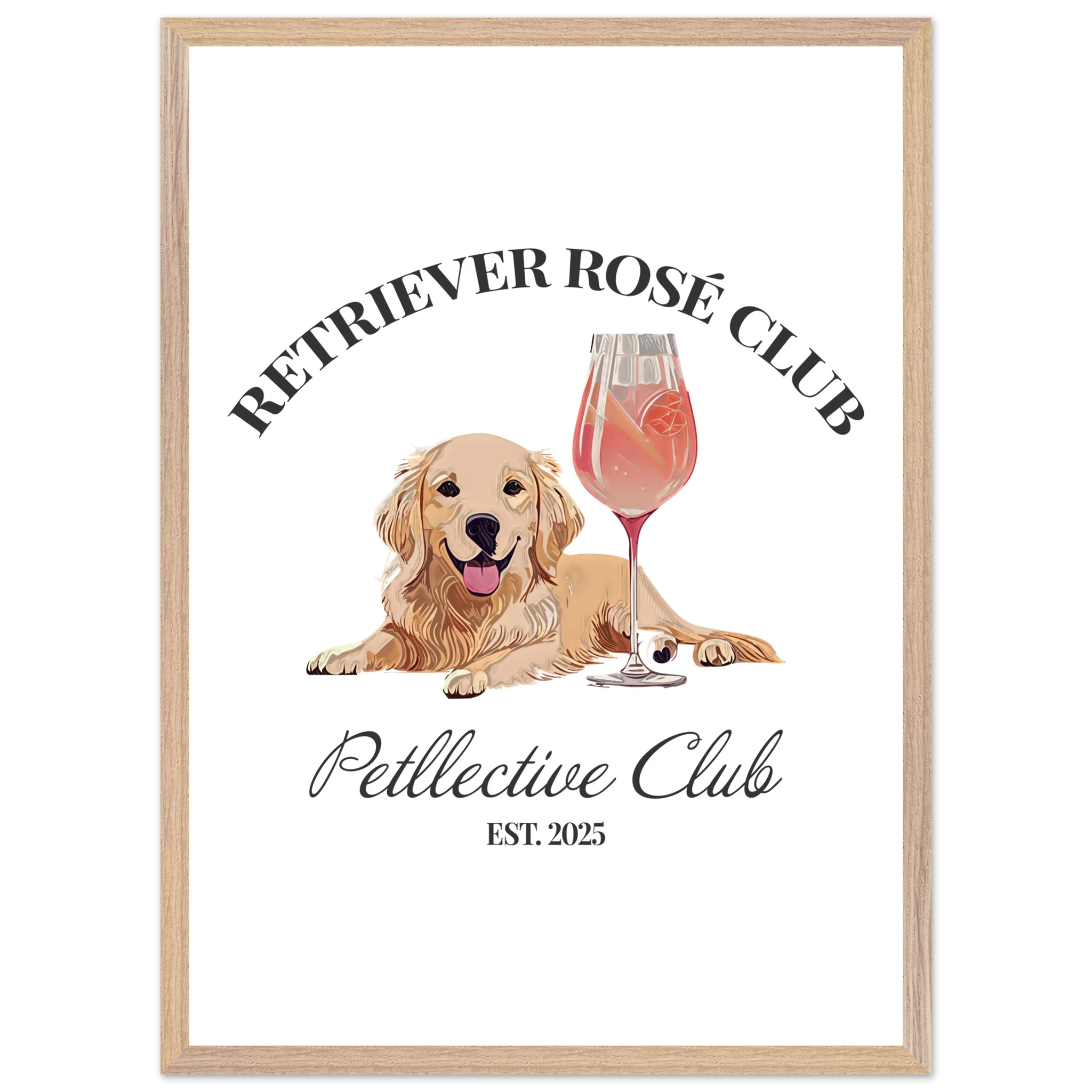 Retriever Rosé Club Wandbild – Hund Illustration im Premium Holzrahmen-petllective
