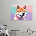 Abstrakter Shiba Inu: Gerahmtes Premium-Poster mit lebendigen geometrischen Formen in Pastellfarben-petllective