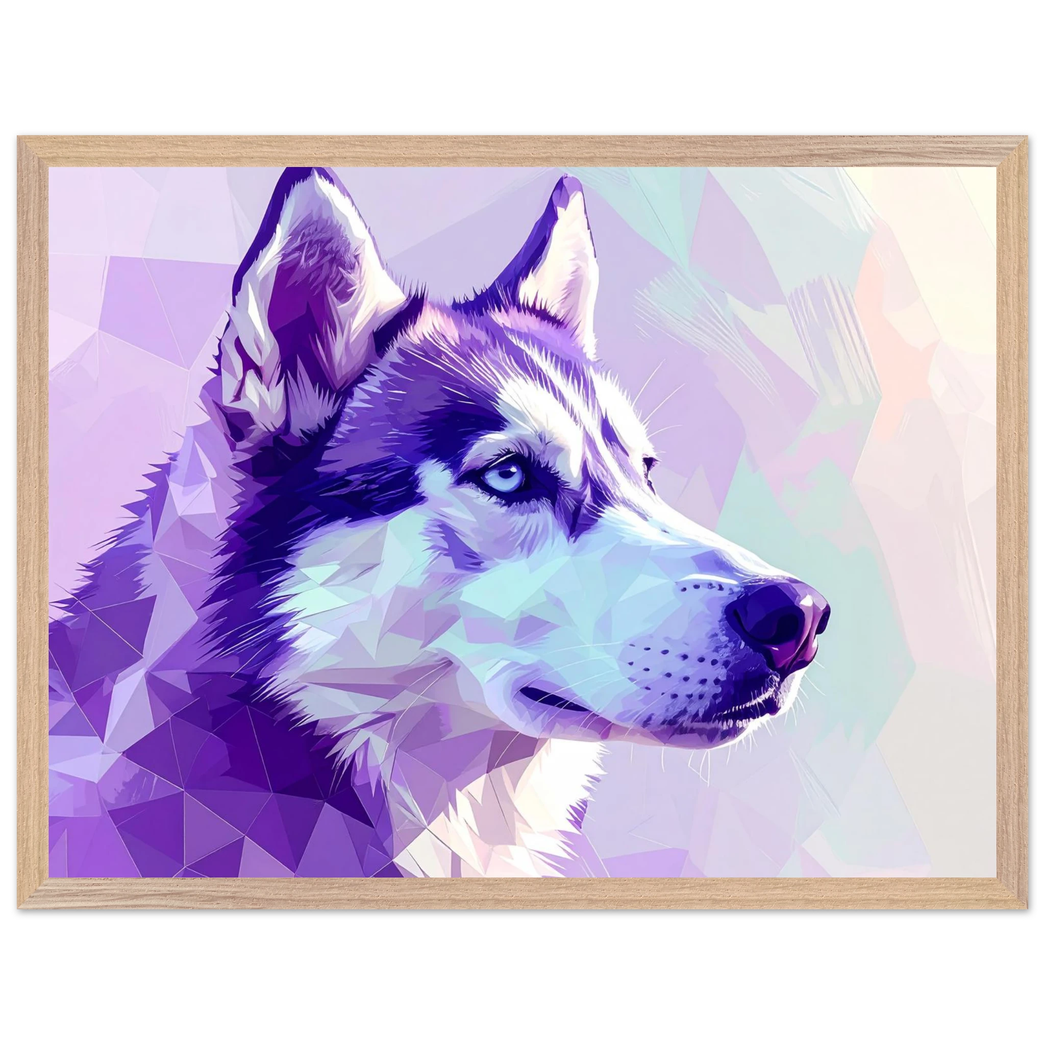 Abstrakter Husky-Portrait-Kunstdruck – Gerahmtes Premium-Poster in faszinierenden Lila-Tönen-petllective