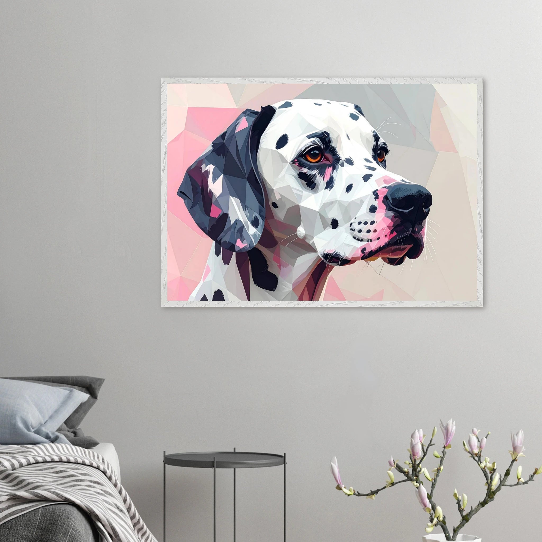 Abstraktes Dalmatiner-Porträt – Gerahmtes Premium-Poster in Pastellfarben und geometrischem Stil-petllective
