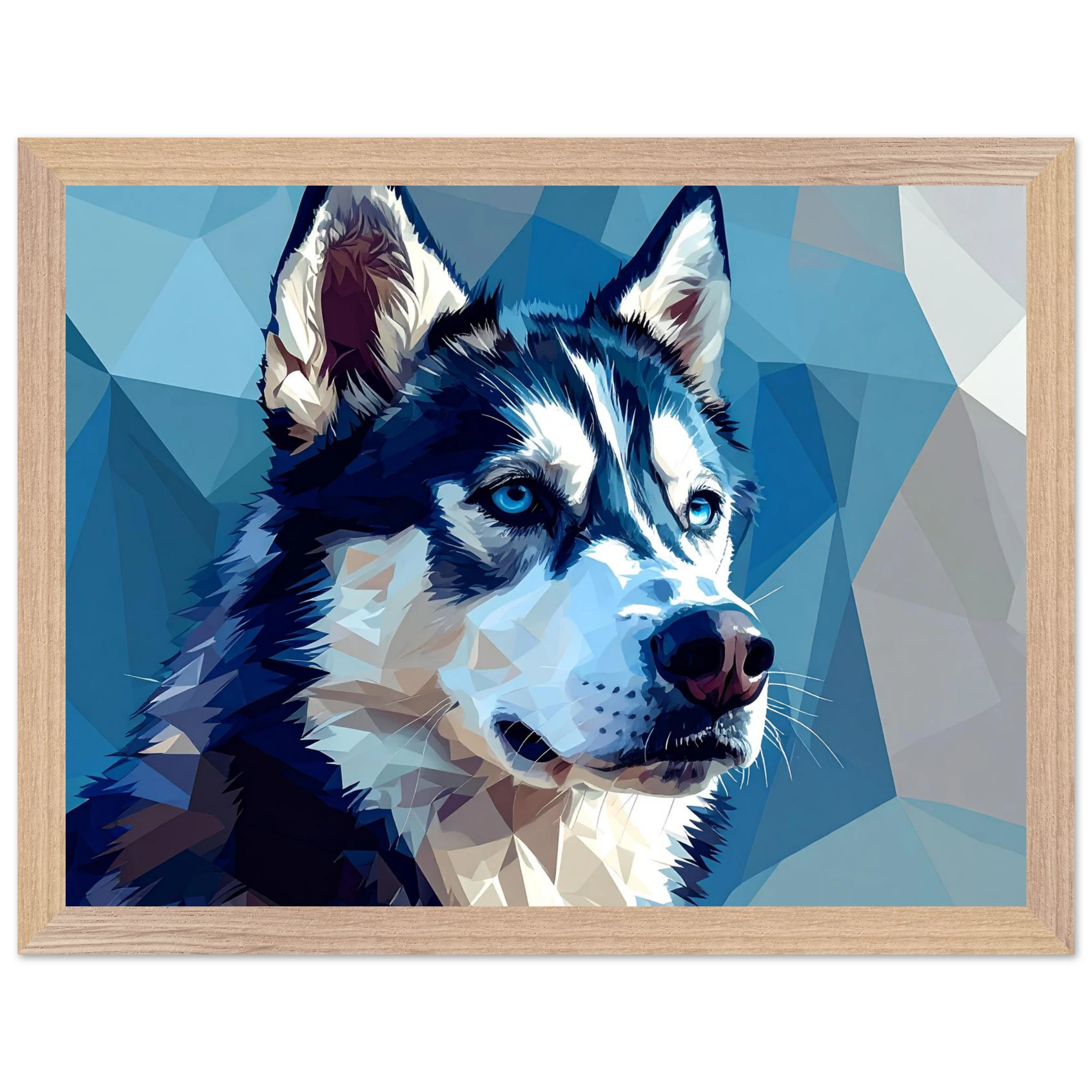 Abstrakter Husky: Premium-Poster mit Rahmen – Leuchtende Augen im geometrischen Design-petllective