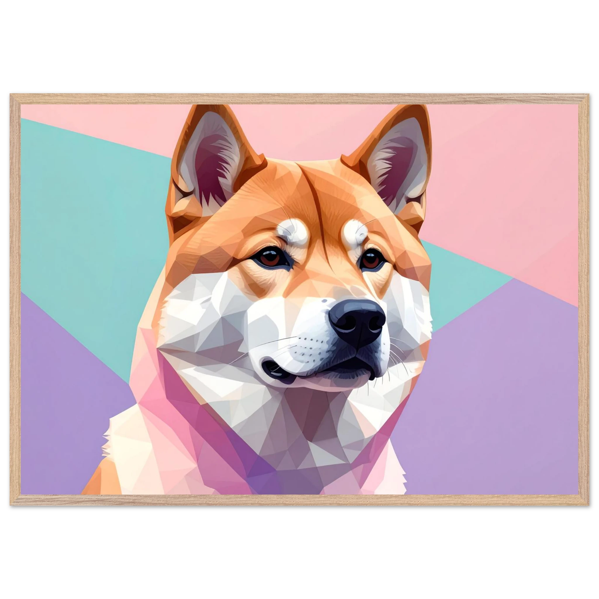 Abstrakter Shiba Inu: Gerahmtes Premium-Poster mit lebendigen geometrischen Formen in Pastellfarben-petllective