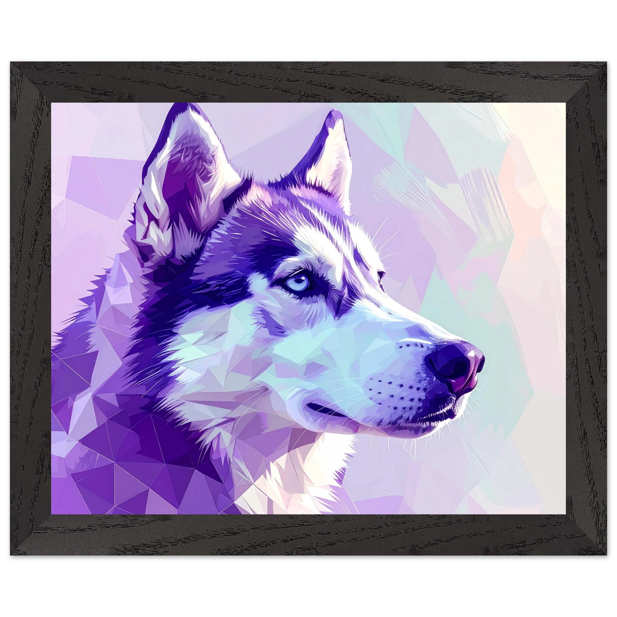Abstrakter Husky-Portrait-Kunstdruck – Gerahmtes Premium-Poster in faszinierenden Lila-Tönen-petllective