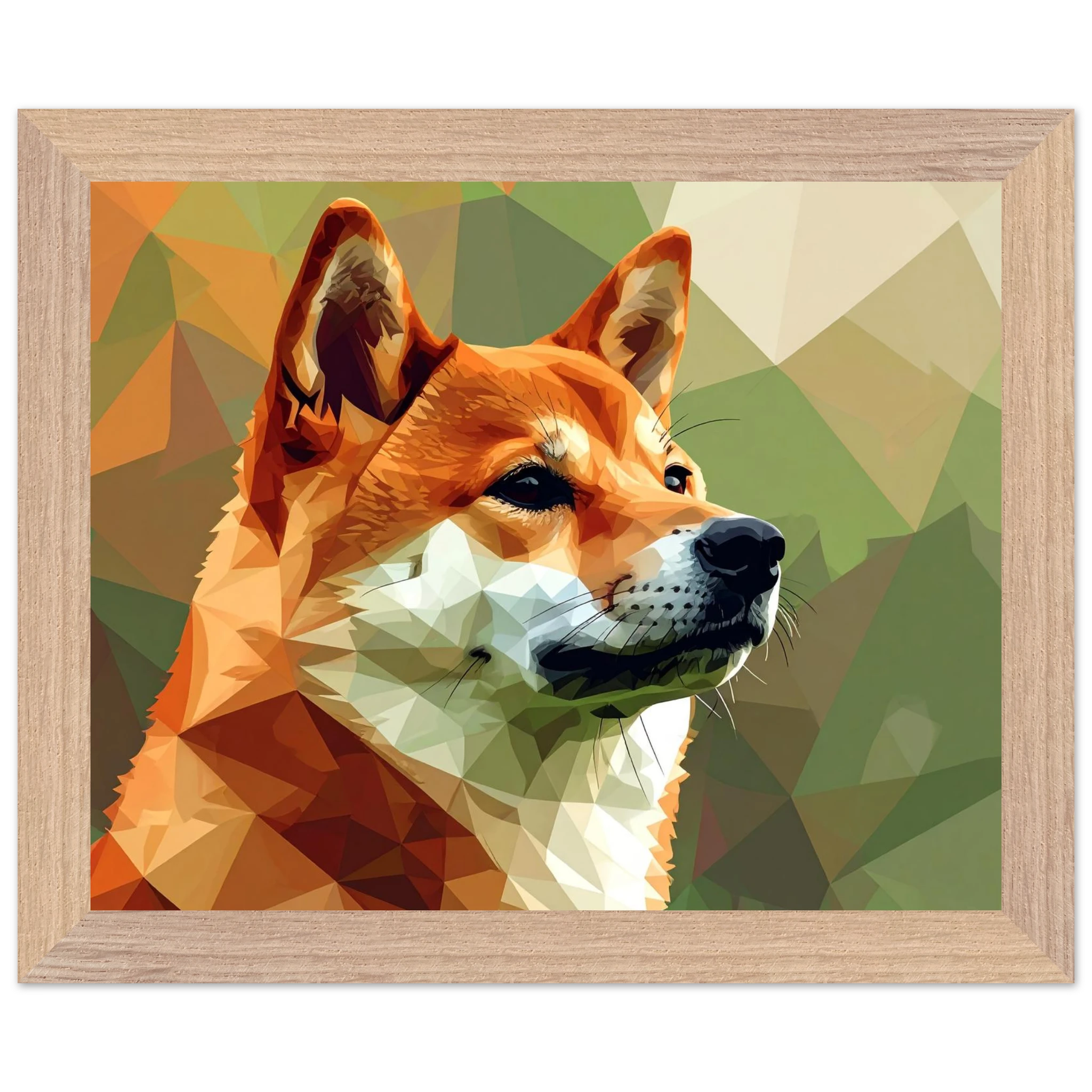 Shiba Inu Polygon Art Premium-Poster – Hundeliebe in leuchtenden Farben mit Holzrahmen-petllective