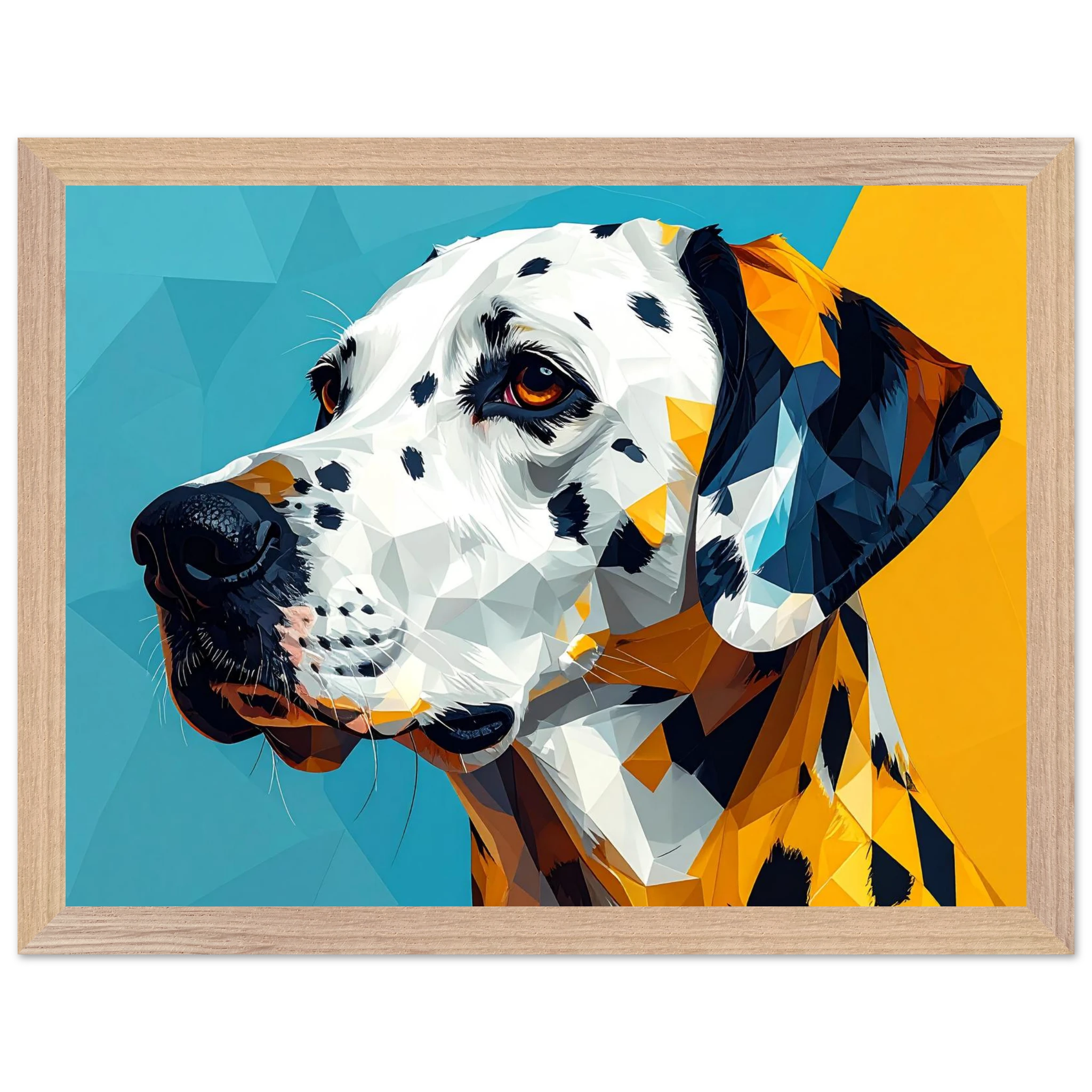 Abstraktes Dalmatiner-Portrait: Gerahmtes Premium-Poster in lebendigem Blau-Gelb-petllective
