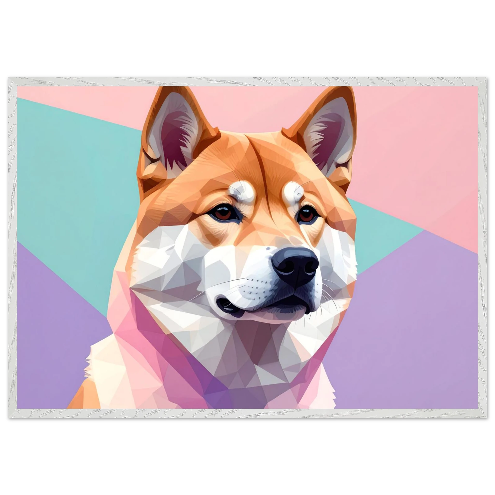 Abstrakter Shiba Inu: Gerahmtes Premium-Poster mit lebendigen geometrischen Formen in Pastellfarben-petllective