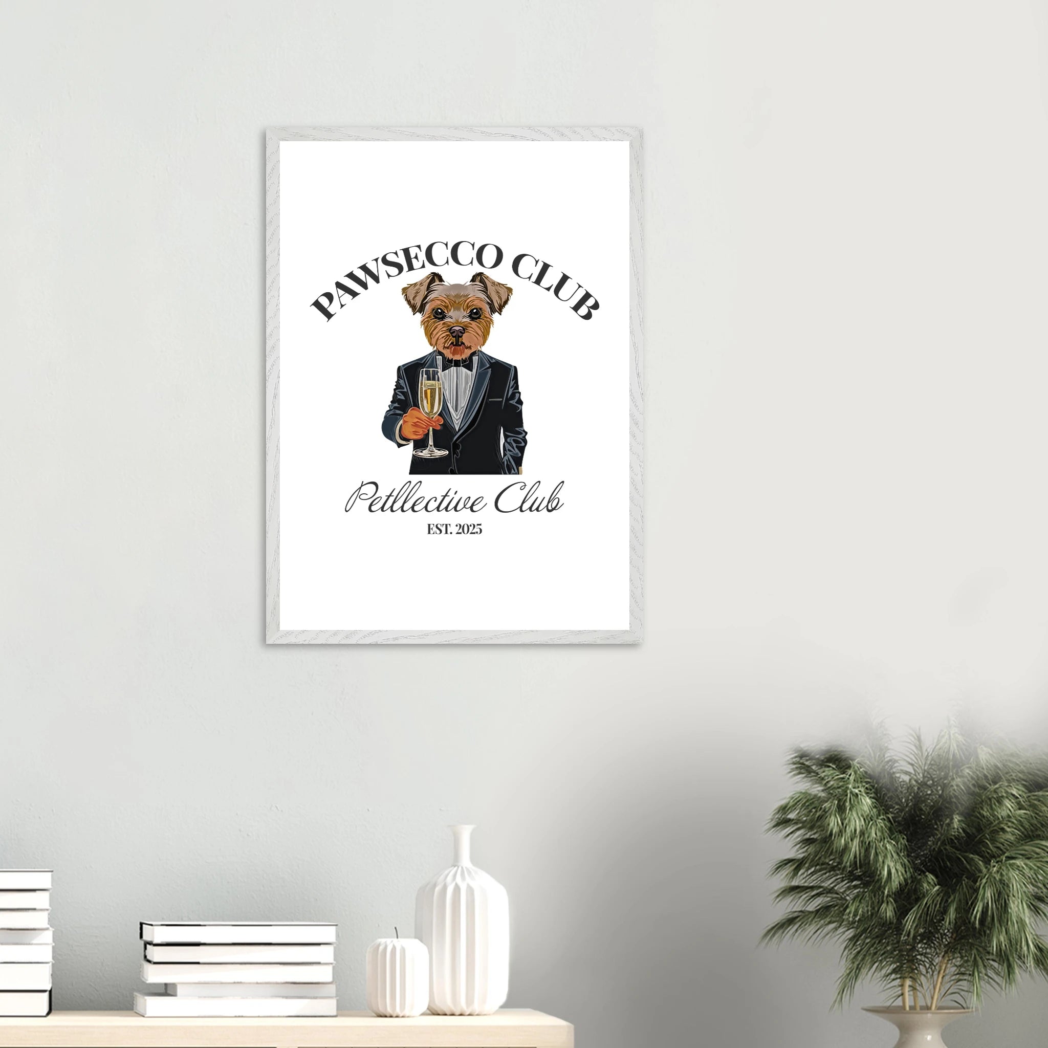 Wandbild Hund „Pawsecco Club“ – Premium Poster mit Holzrahmen-petllective