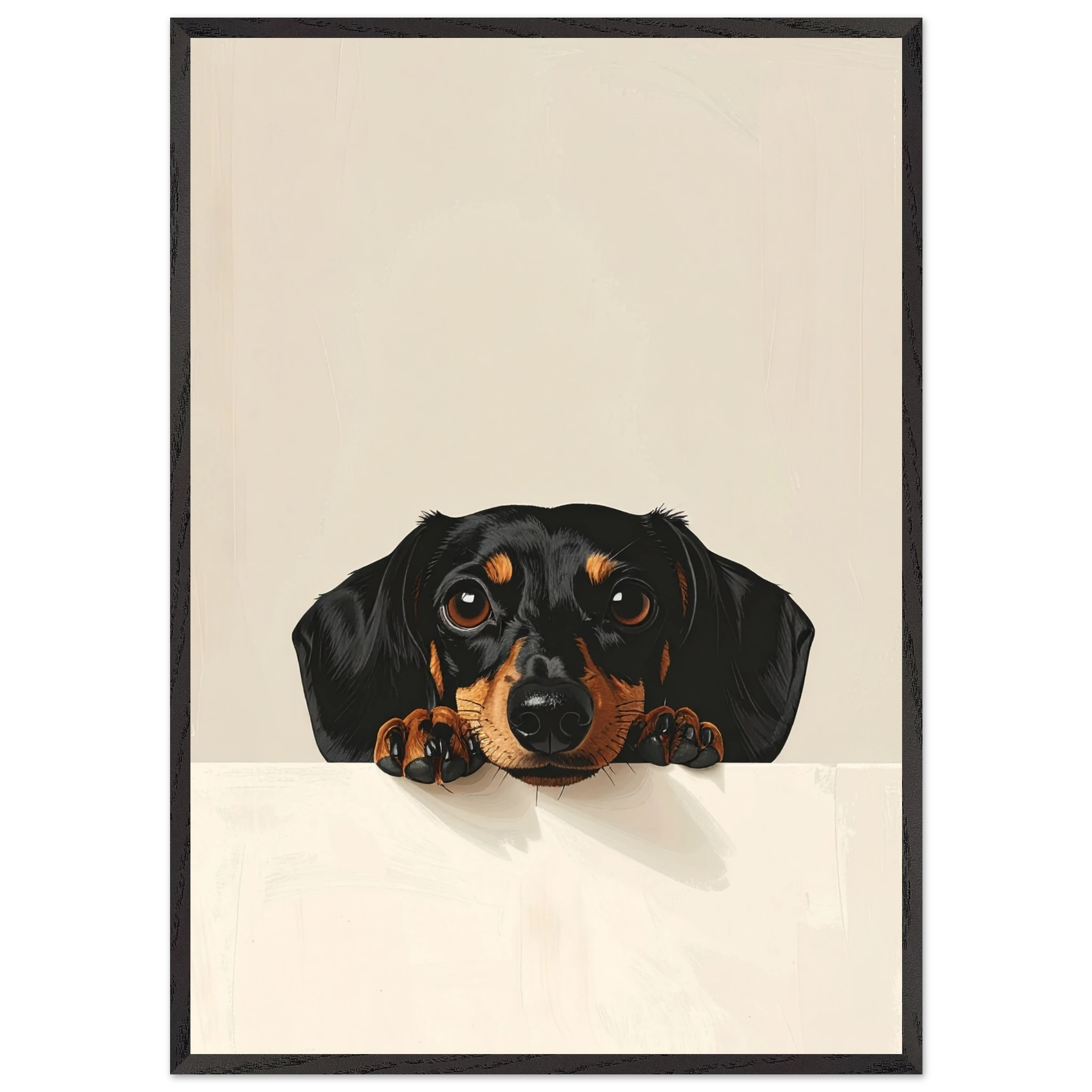 Gerahmtes Wandbild mit Illustration eines schwarzen Dackels, der über eine helle Kante blickt
