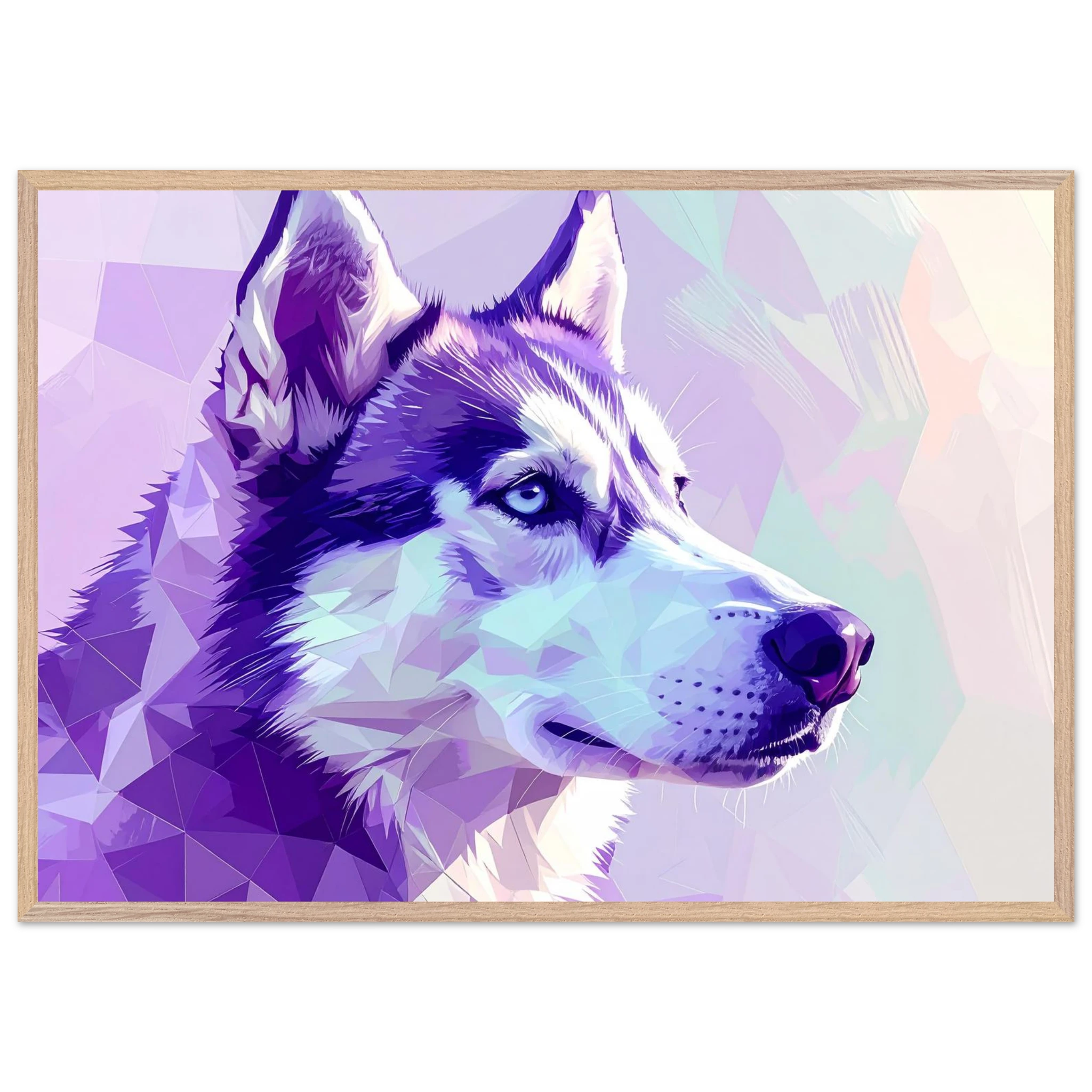 Abstrakter Husky-Portrait-Kunstdruck – Gerahmtes Premium-Poster in faszinierenden Lila-Tönen-petllective