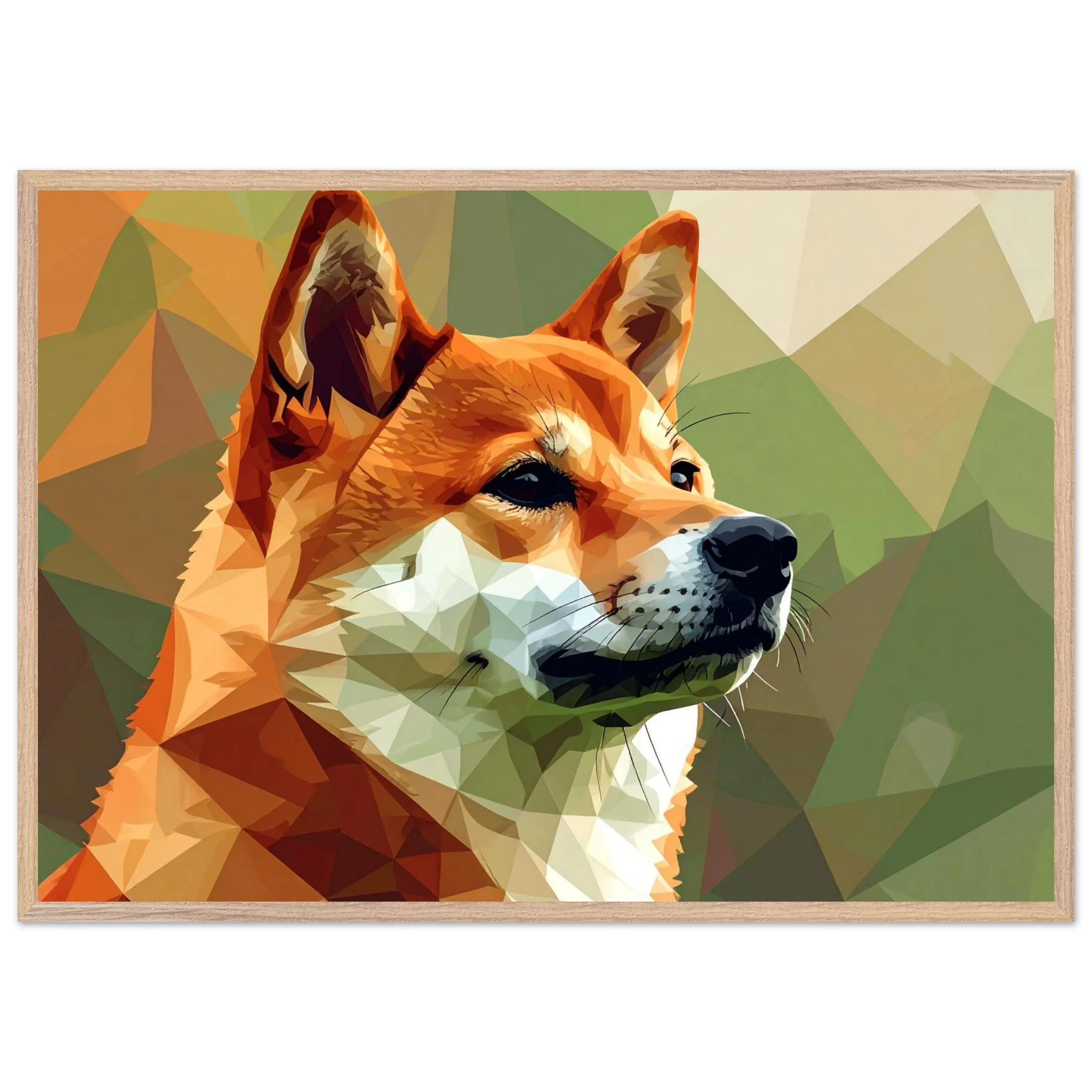 Shiba Inu Polygon Art Premium-Poster – Hundeliebe in leuchtenden Farben mit Holzrahmen-petllective