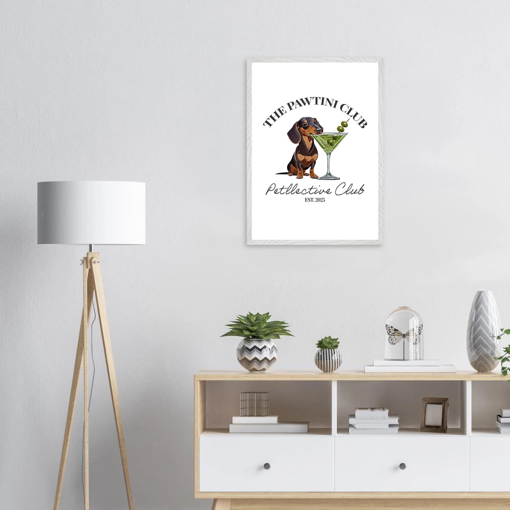 Wandbild Dackel Illustration „The Pawtini Club“ – Premium Poster mit Holzrahmen-petllective