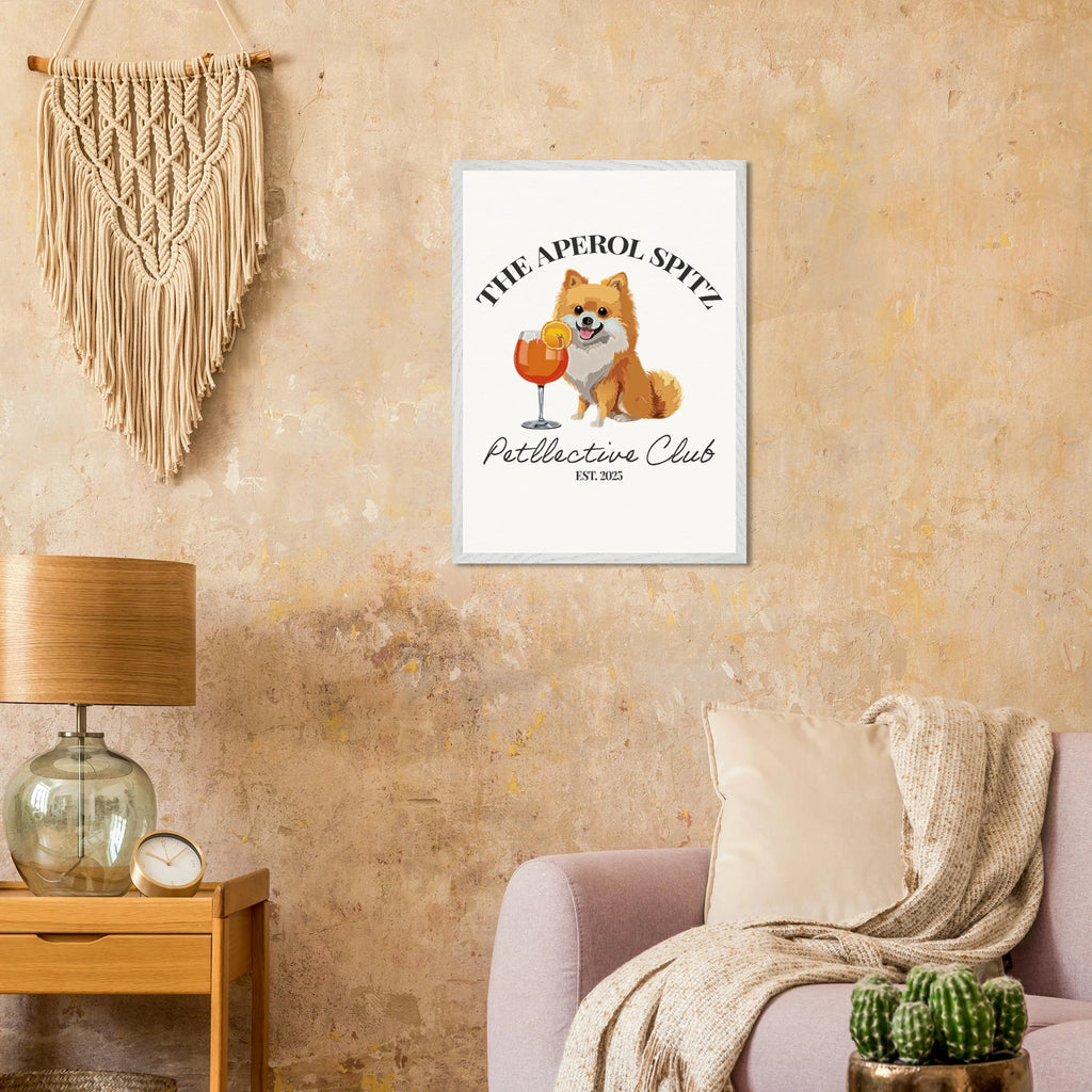 Wandbild Hund Illustration „Aperol Spitz“ – Premium Poster im Holzrahmen-petllective