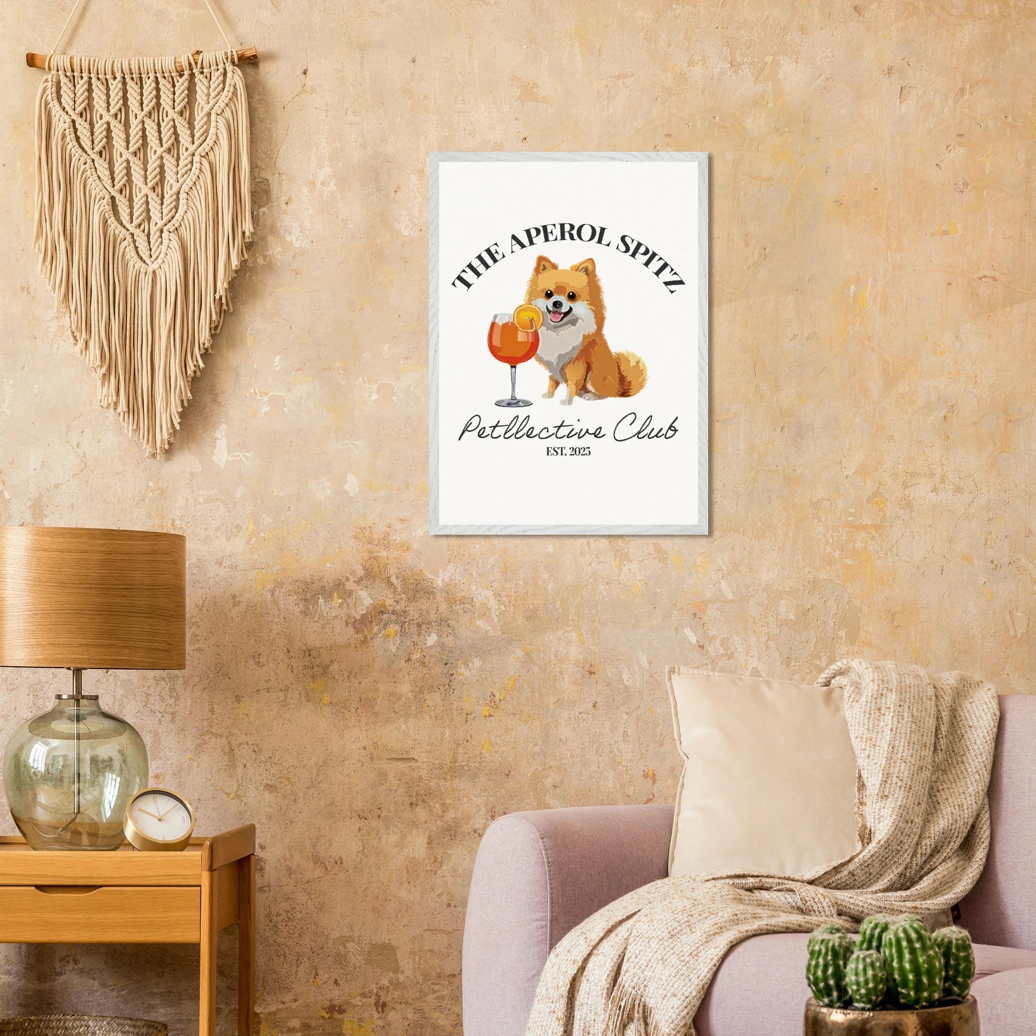 Wandbild Hund Illustration „Aperol Spitz“ – Premium Poster im Holzrahmen-petllective