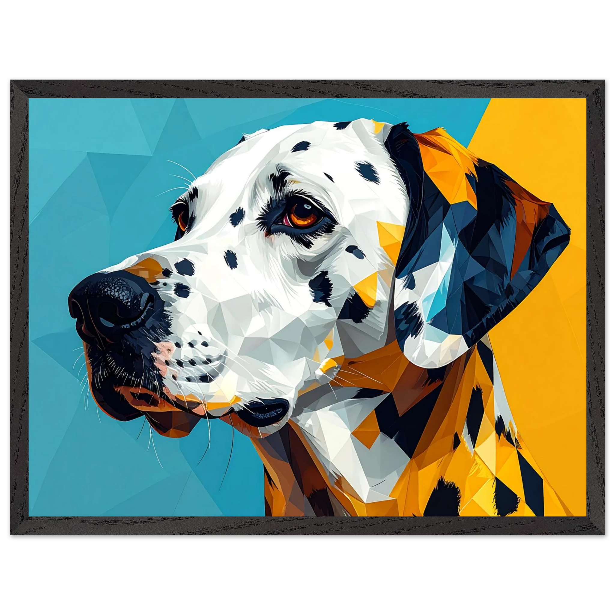 Abstraktes Dalmatiner-Portrait: Gerahmtes Premium-Poster in lebendigem Blau-Gelb-petllective