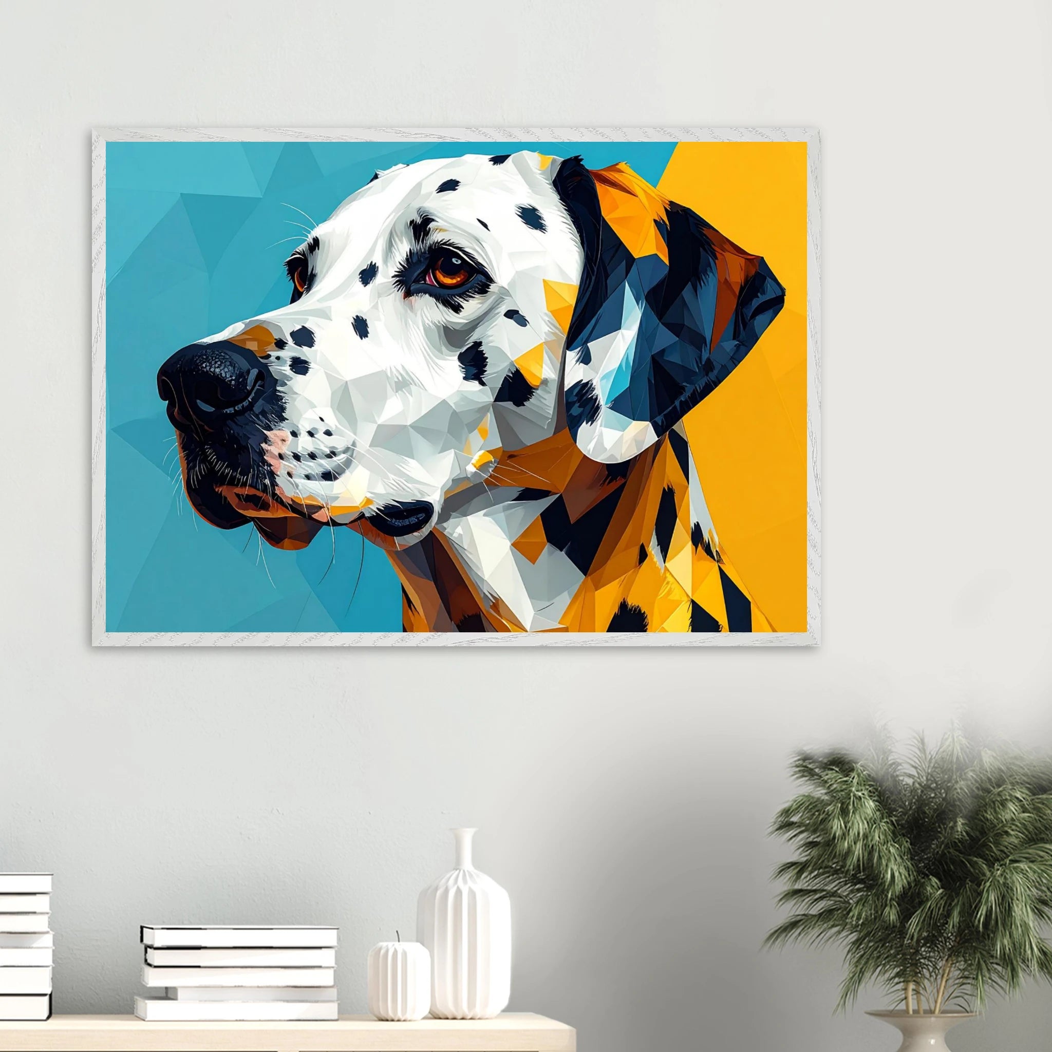 Abstraktes Dalmatiner-Portrait: Gerahmtes Premium-Poster in lebendigem Blau-Gelb-petllective