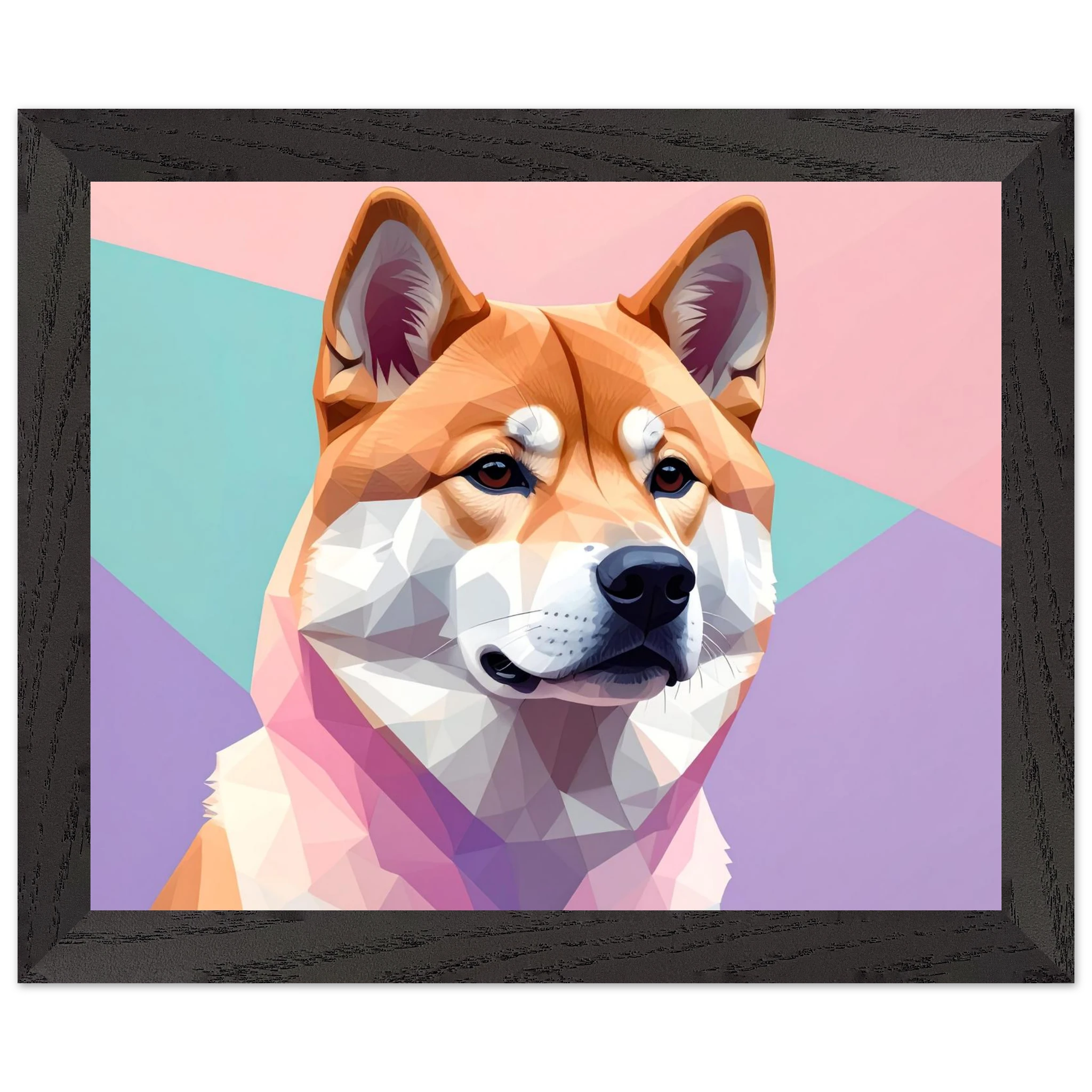 Abstrakter Shiba Inu: Gerahmtes Premium-Poster mit lebendigen geometrischen Formen in Pastellfarben-petllective