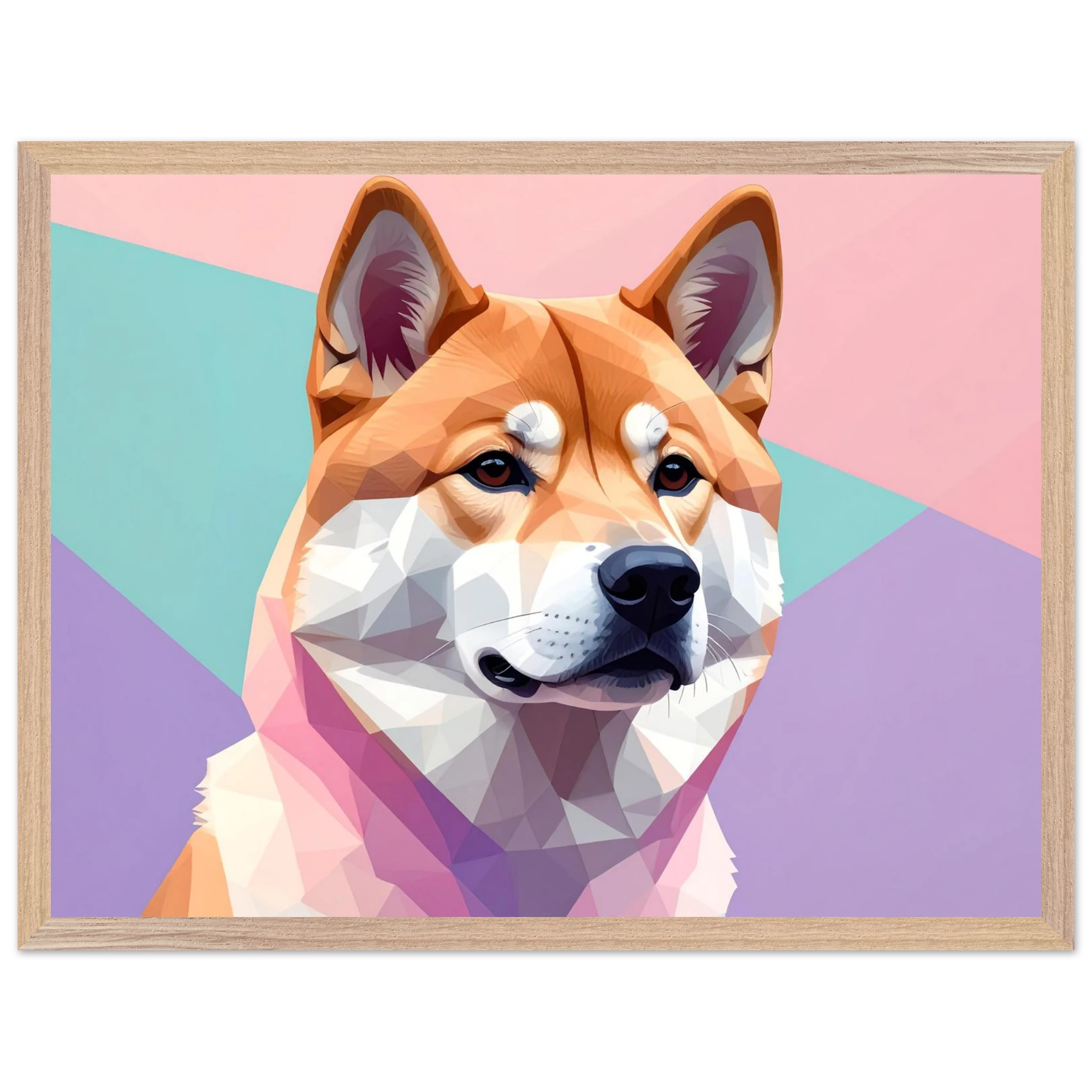 Abstrakter Shiba Inu: Gerahmtes Premium-Poster mit lebendigen geometrischen Formen in Pastellfarben-petllective