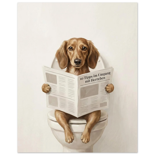 Ungerahmtes Wandbild mit Hunde-Illustration, Hund sitzt auf Toilette und liest Zeitung, matte Illustration auf hellem Hintergrund