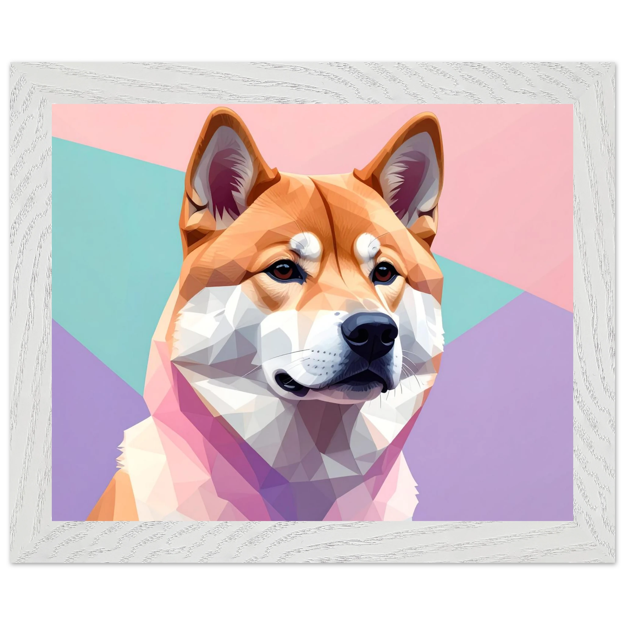 Abstrakter Shiba Inu: Gerahmtes Premium-Poster mit lebendigen geometrischen Formen in Pastellfarben-petllective