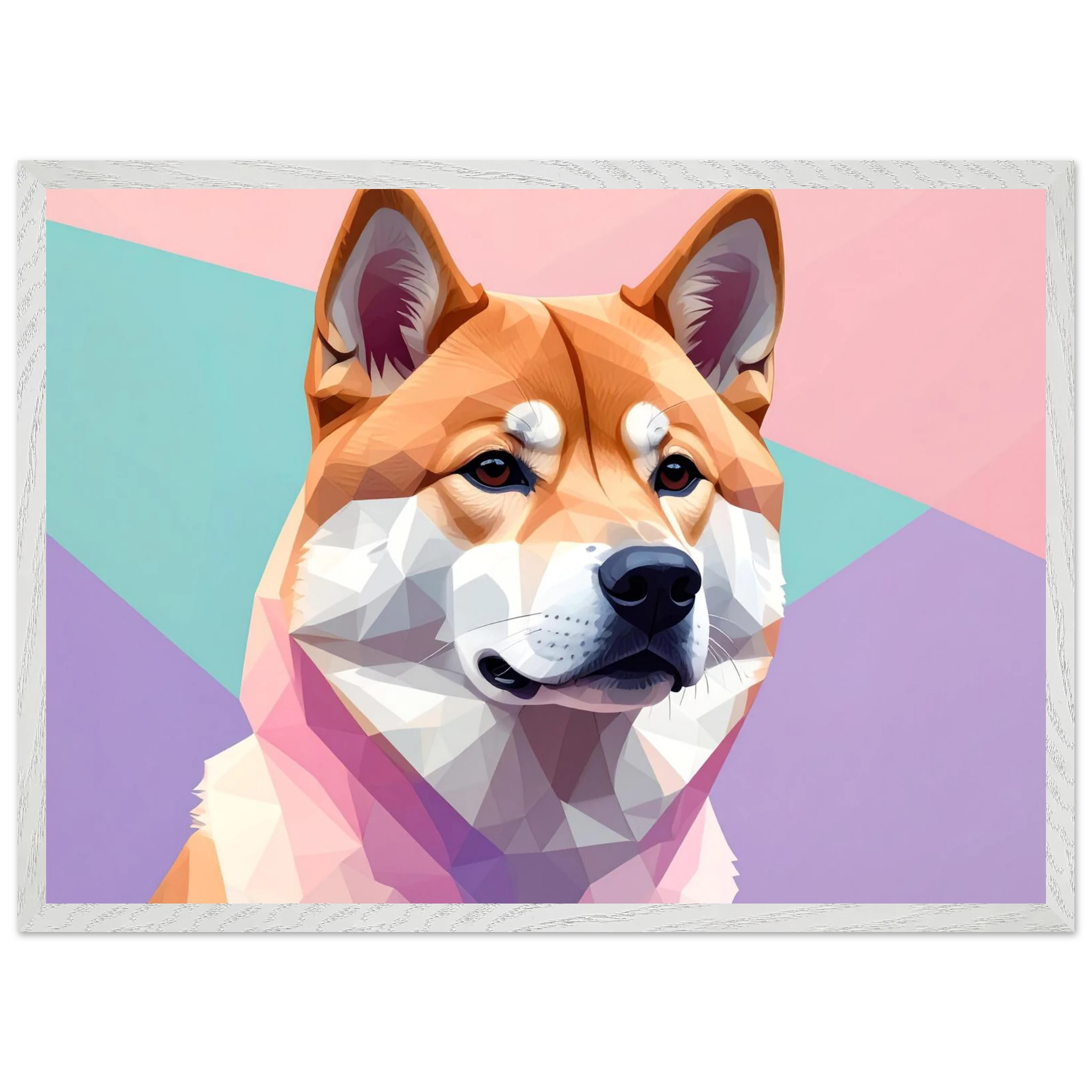 Abstrakter Shiba Inu: Gerahmtes Premium-Poster mit lebendigen geometrischen Formen in Pastellfarben-petllective